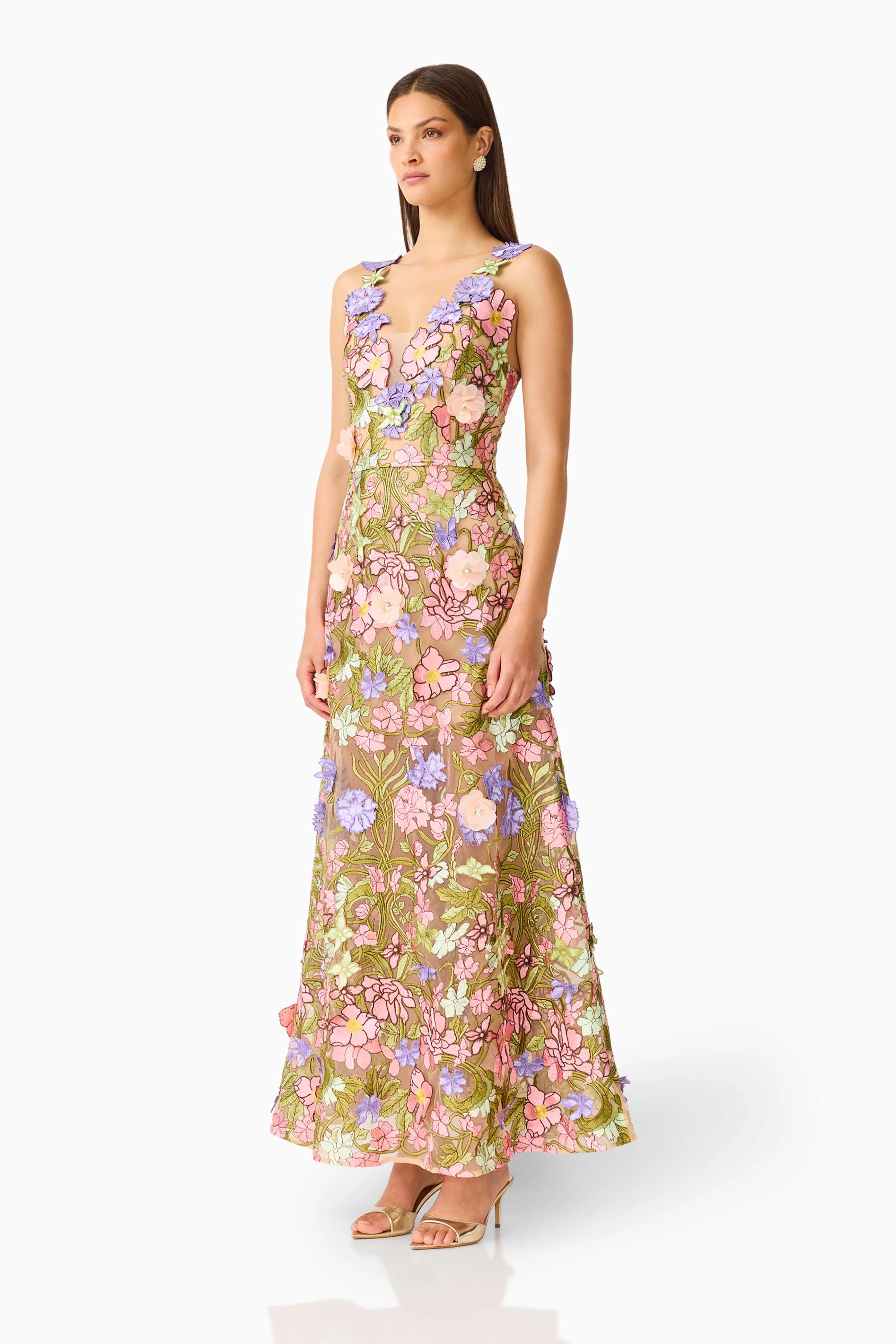 Fiora A-Line Gown in Green & Pink Floral