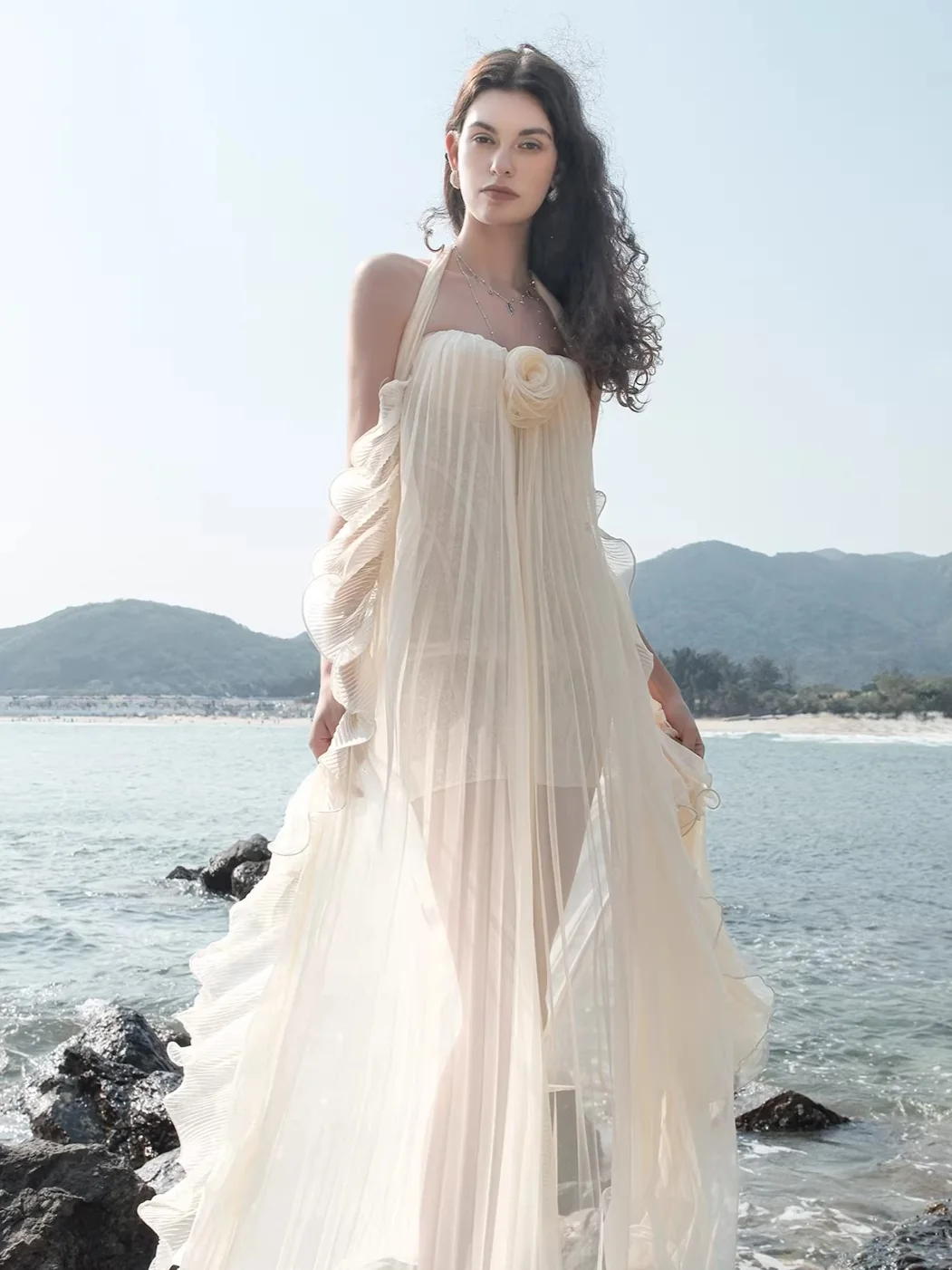Mesh Halter Backless Strapless Maxi Dress