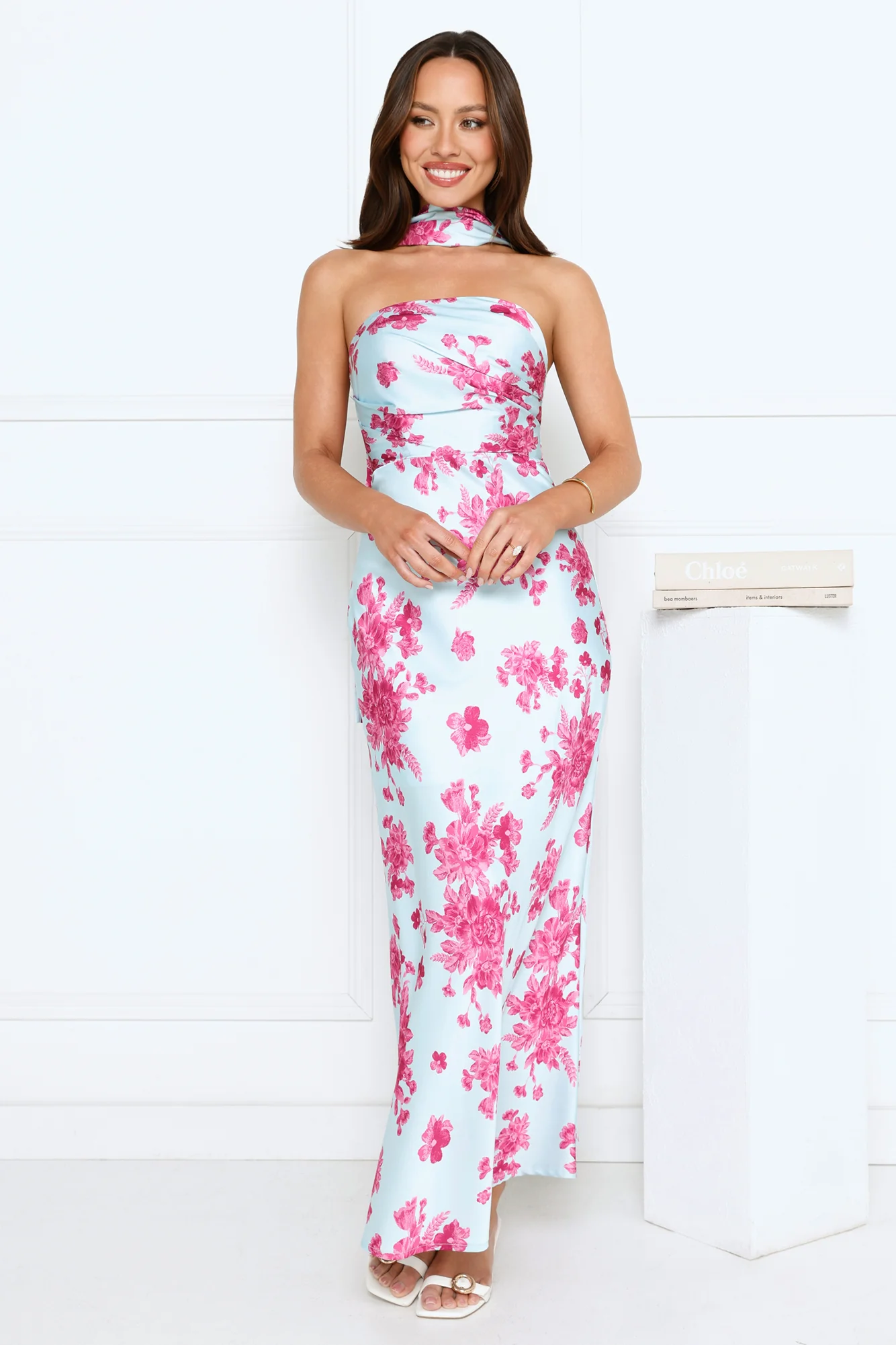 Bloom Pop Satin Strapless Maxi Dress Blue