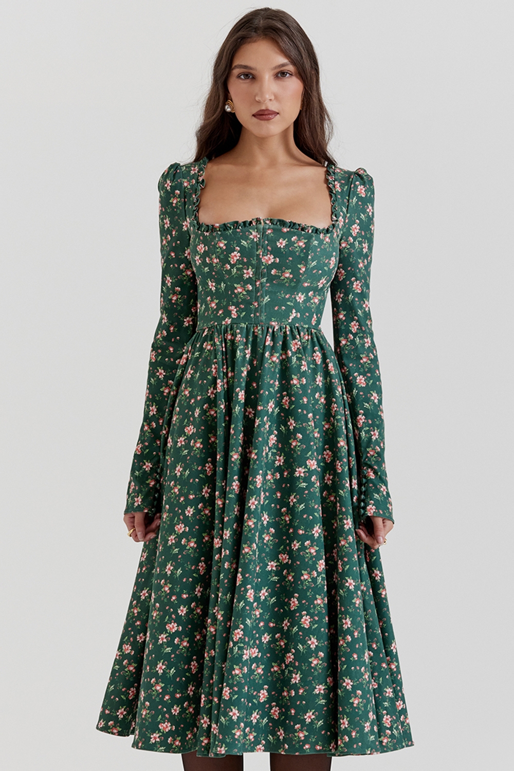 Green Floral Print Midi Dress