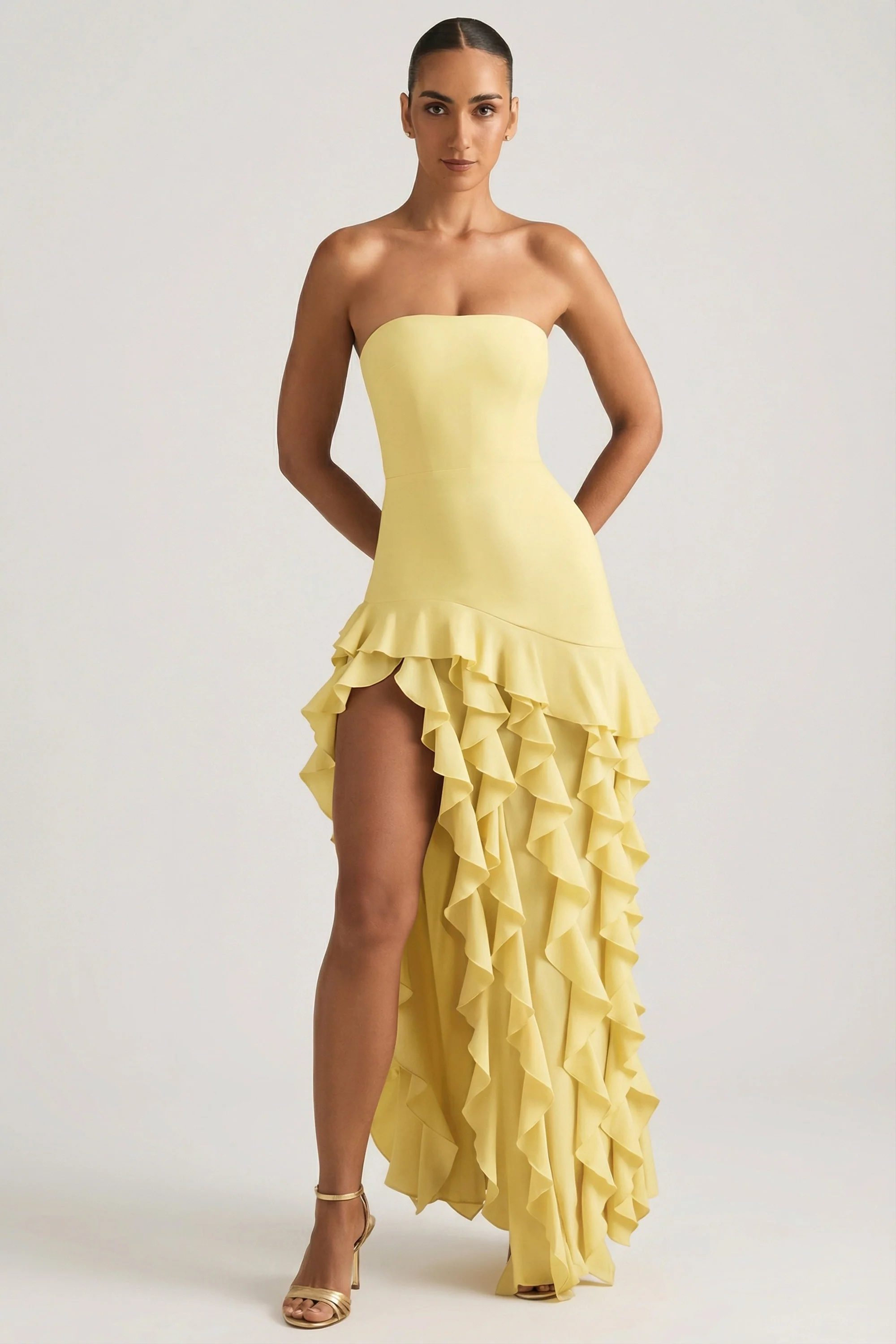 Ruffle-Trim Strapless Gown in Pastel Yellow