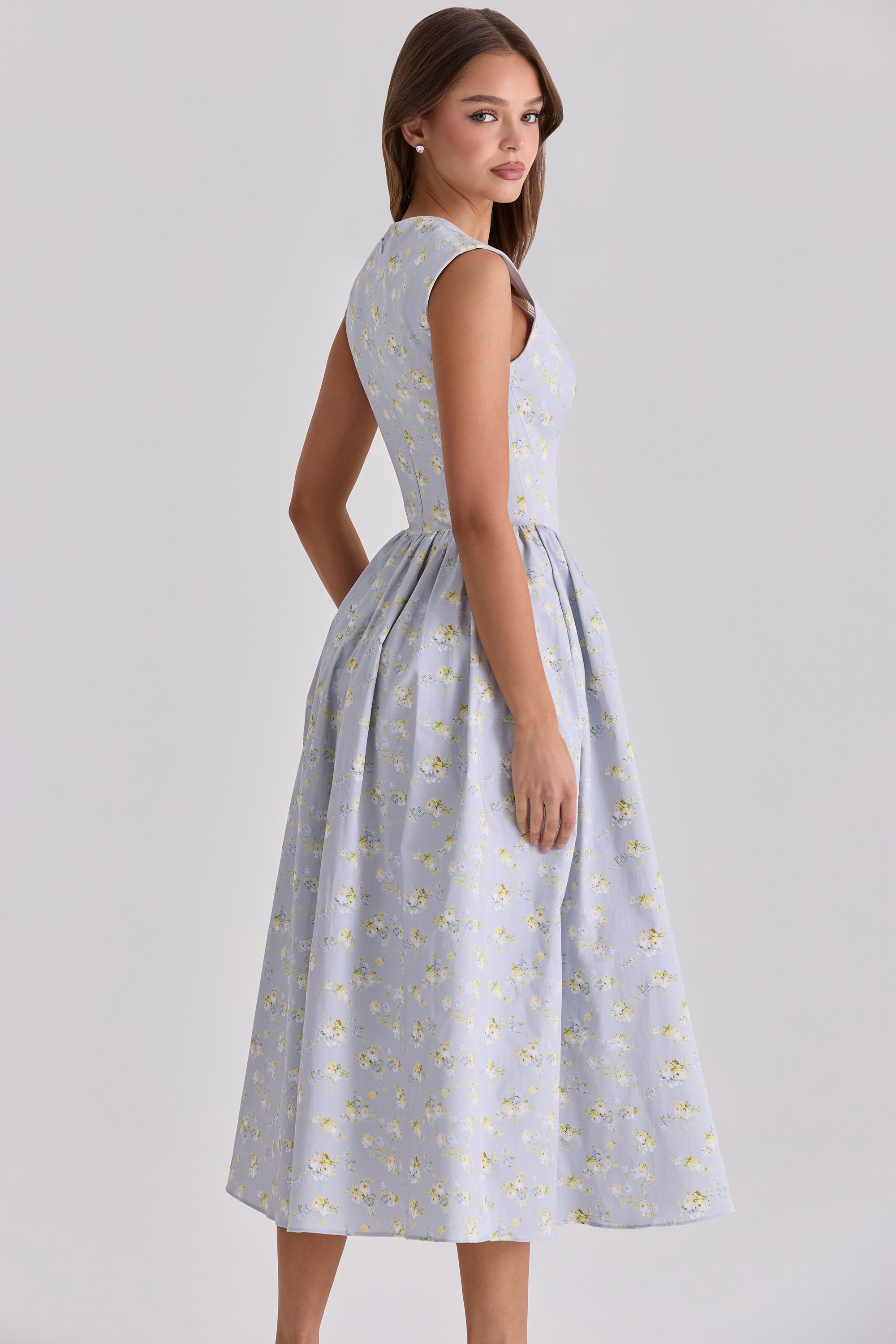 blue wildflower print cotton midi sundress