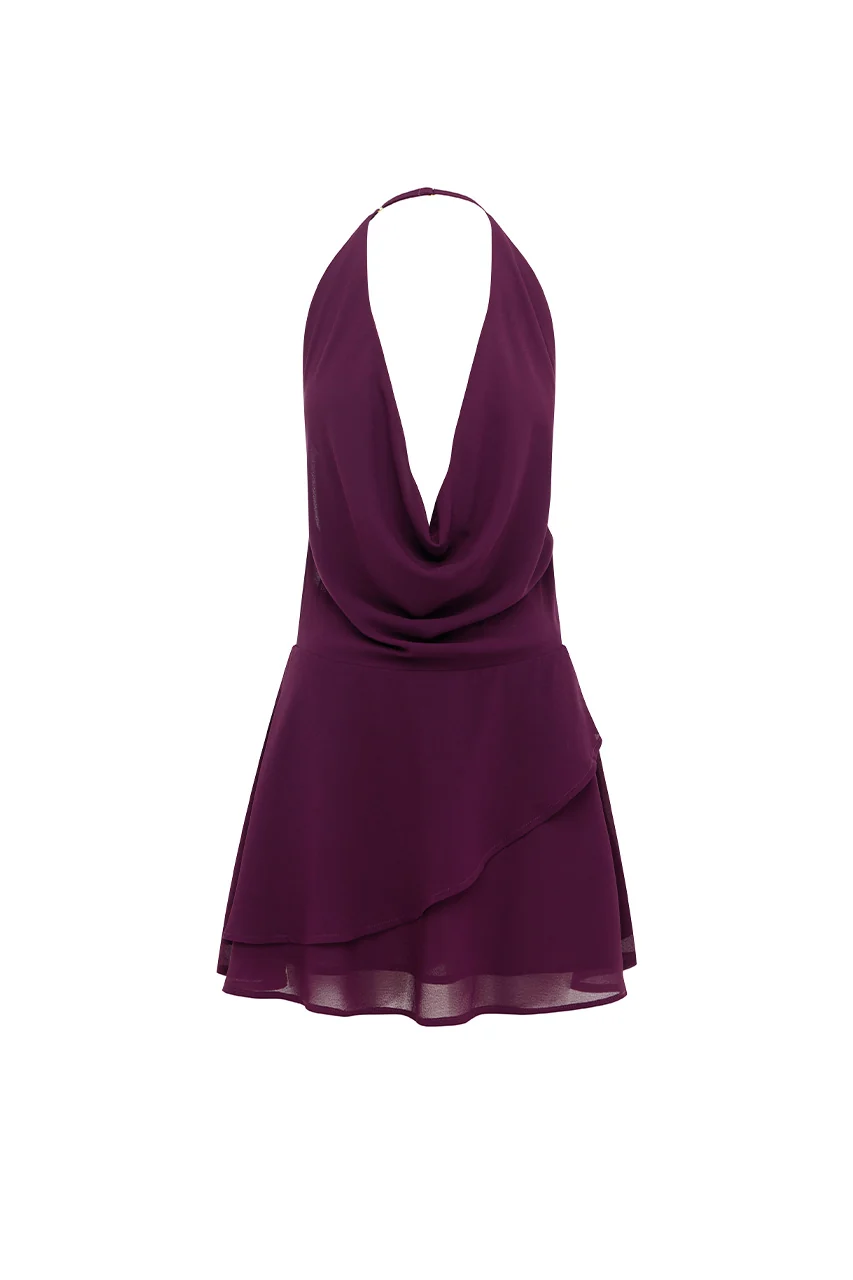 IMALI HALTER COWL MINI DRESS - PLUM