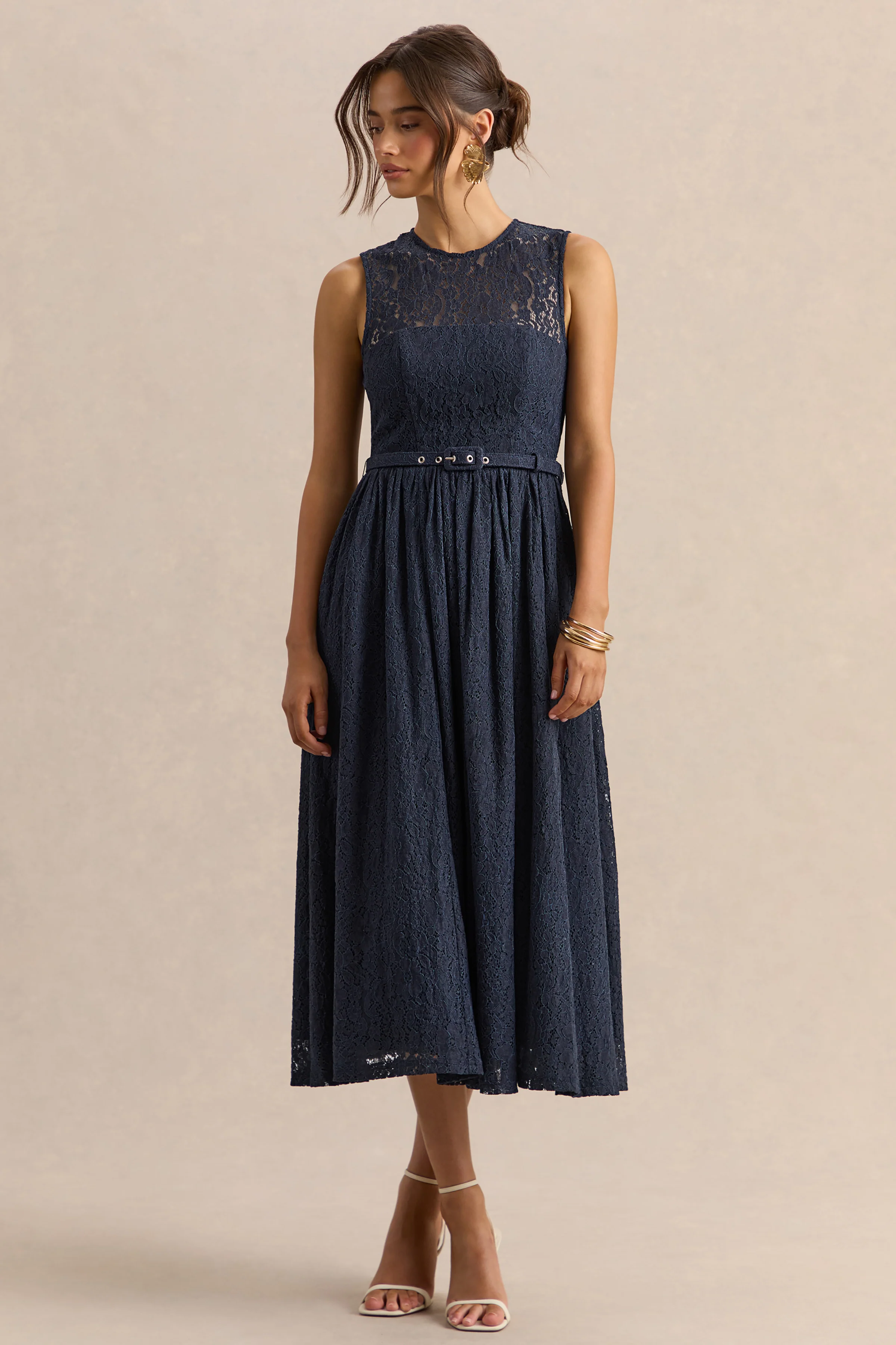 Anabella | Navy Lace Crew-Neck Belted Midi-Dress