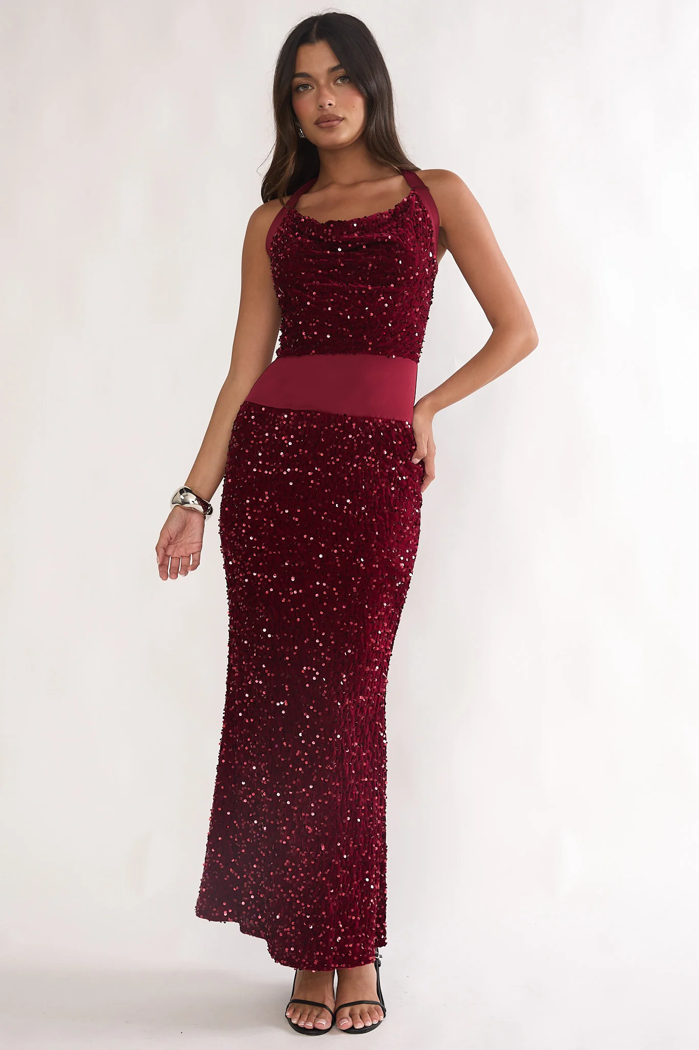 Cabernet Halter Maxi Dress Sequin Wine - luluinthesky