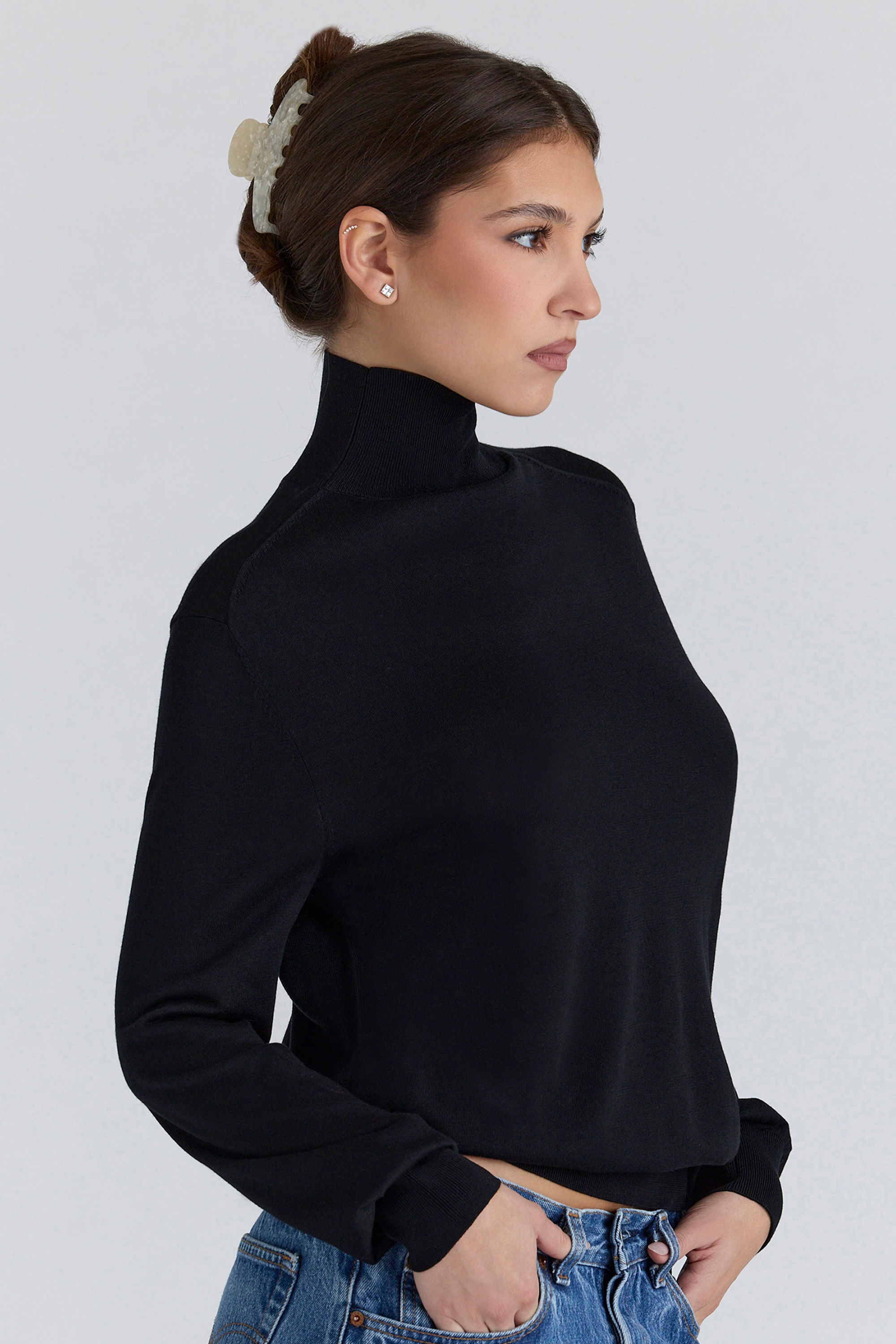 Black Silk + Wool Roll Neck Sweater