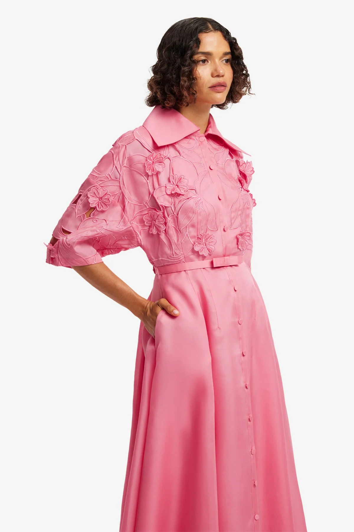 Junia Appliqué Puff Sleeve Silk Gown - Fuchsia