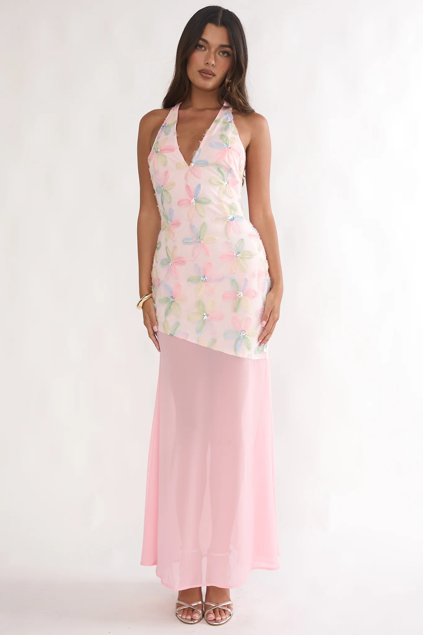 Arles Halterneck Sequin Embellished Maxi Dress Pink - luluinthesky