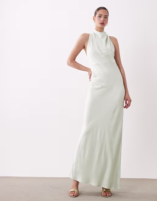 SNDYS satin high neck open back twist detail maxi dress in sage