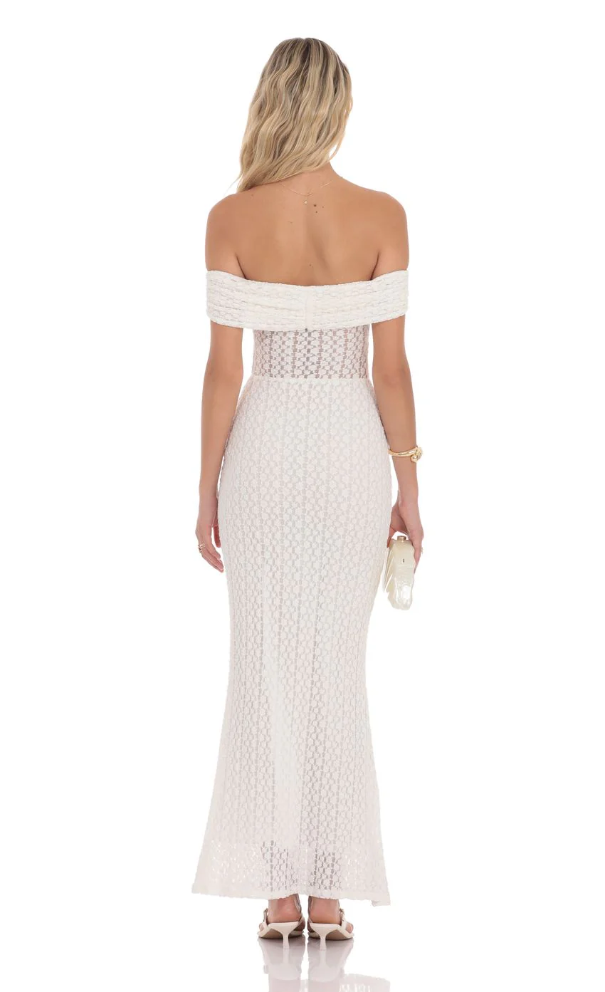 Off Shoulder Lace Bodycon Maxi Dress in White - luluinthesky