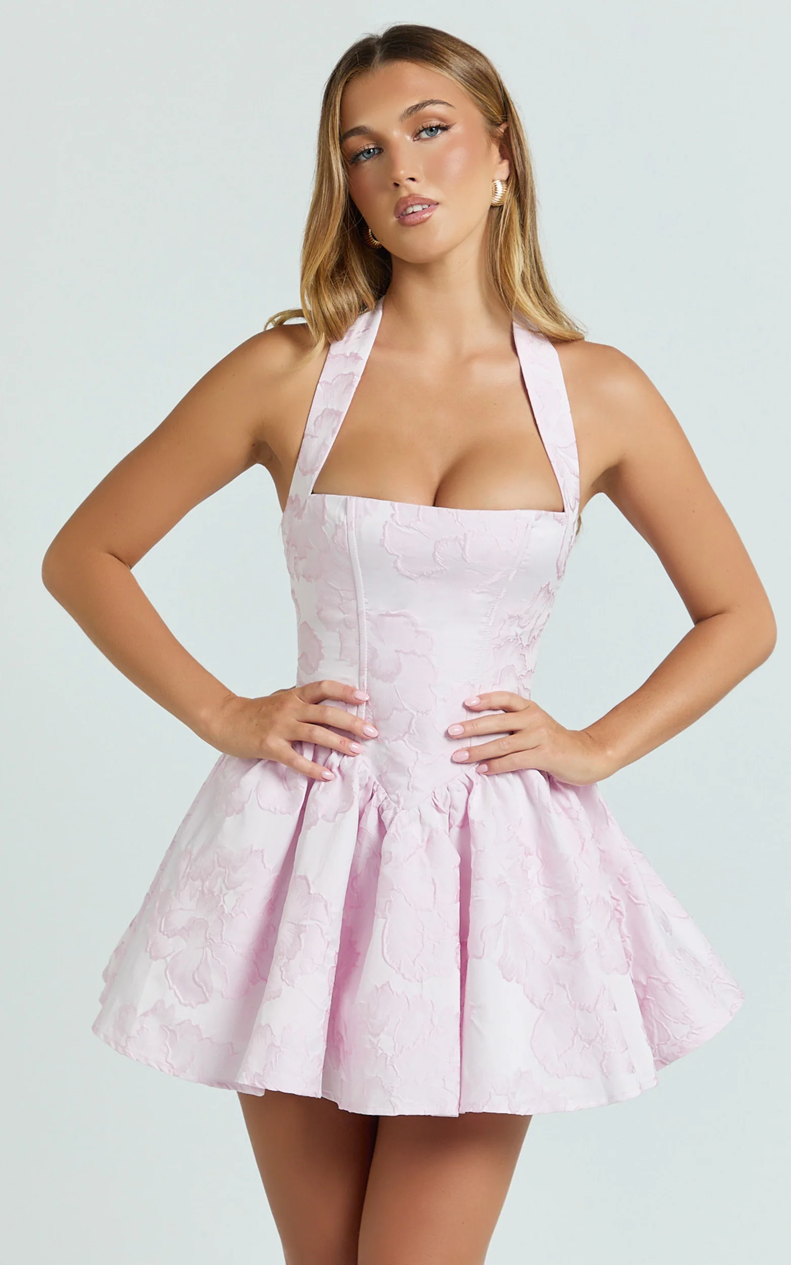 Maddy Mini Dress - Square Neck Halter Fit And Flare Dress in Pink