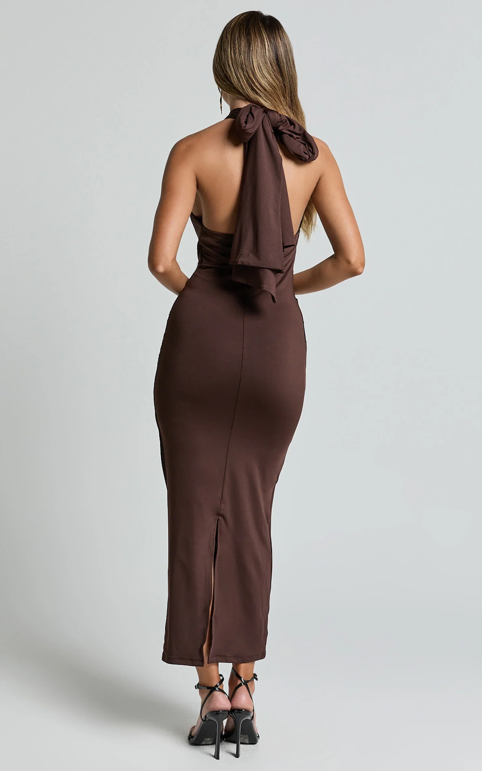 Olenna Midi Dress - Halter Neck Twist Detail Tie Back Dress in Chocolate