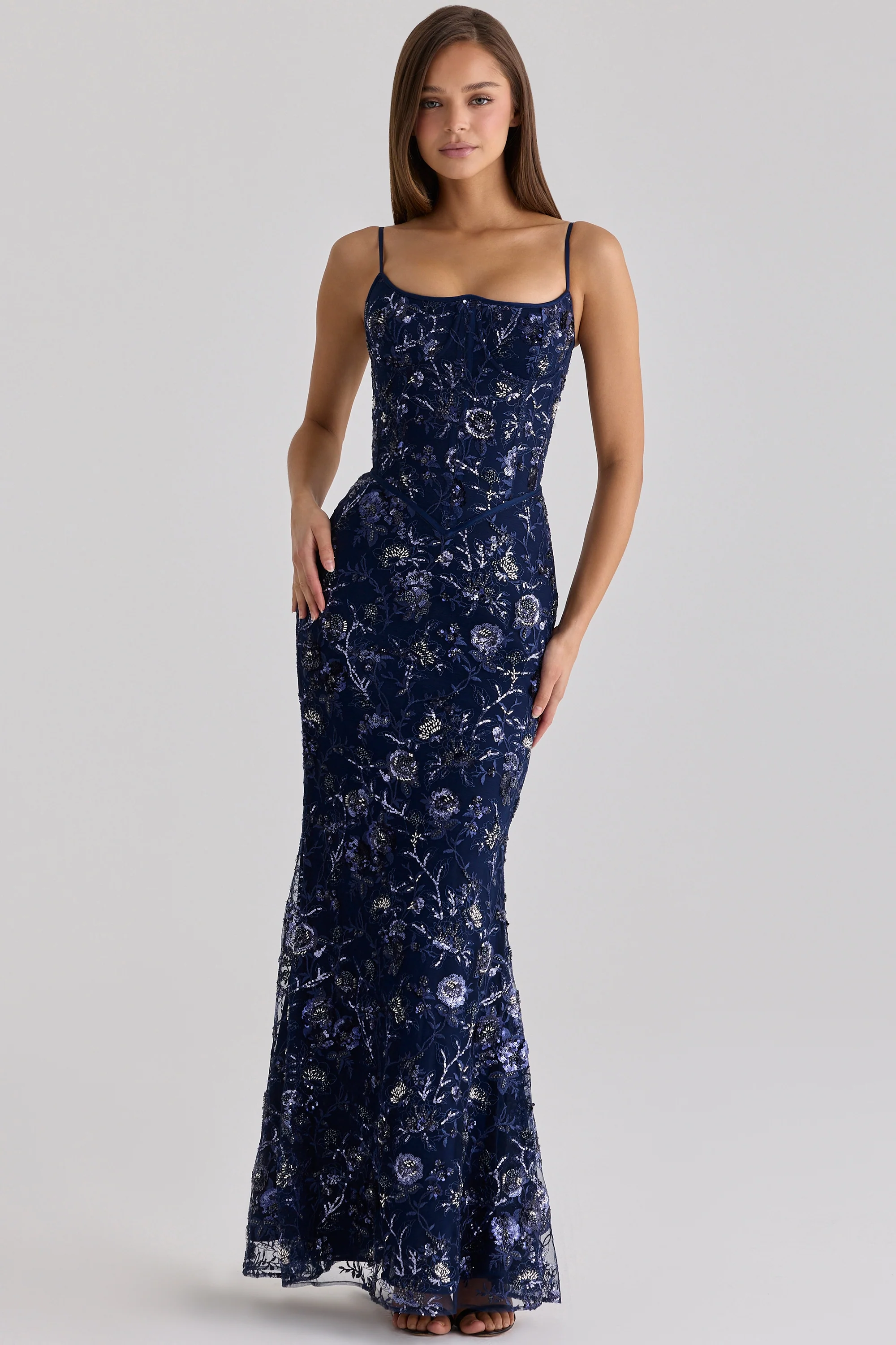 Navy Hand Beaded Embellished Corset Maxi Dress