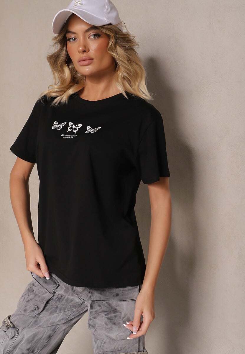 Czarna Bawełniana Bluzka T-shirt Oversize z Aplikacją w Kształcie Motyli Elmaris