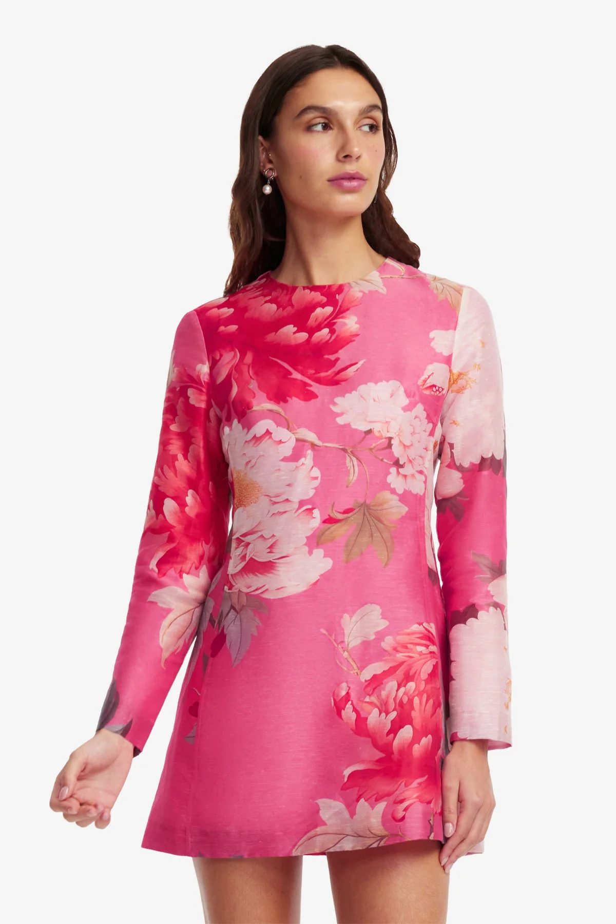 Aliza Long Sleeve Mini Dress - Peony Print in Fuchsia