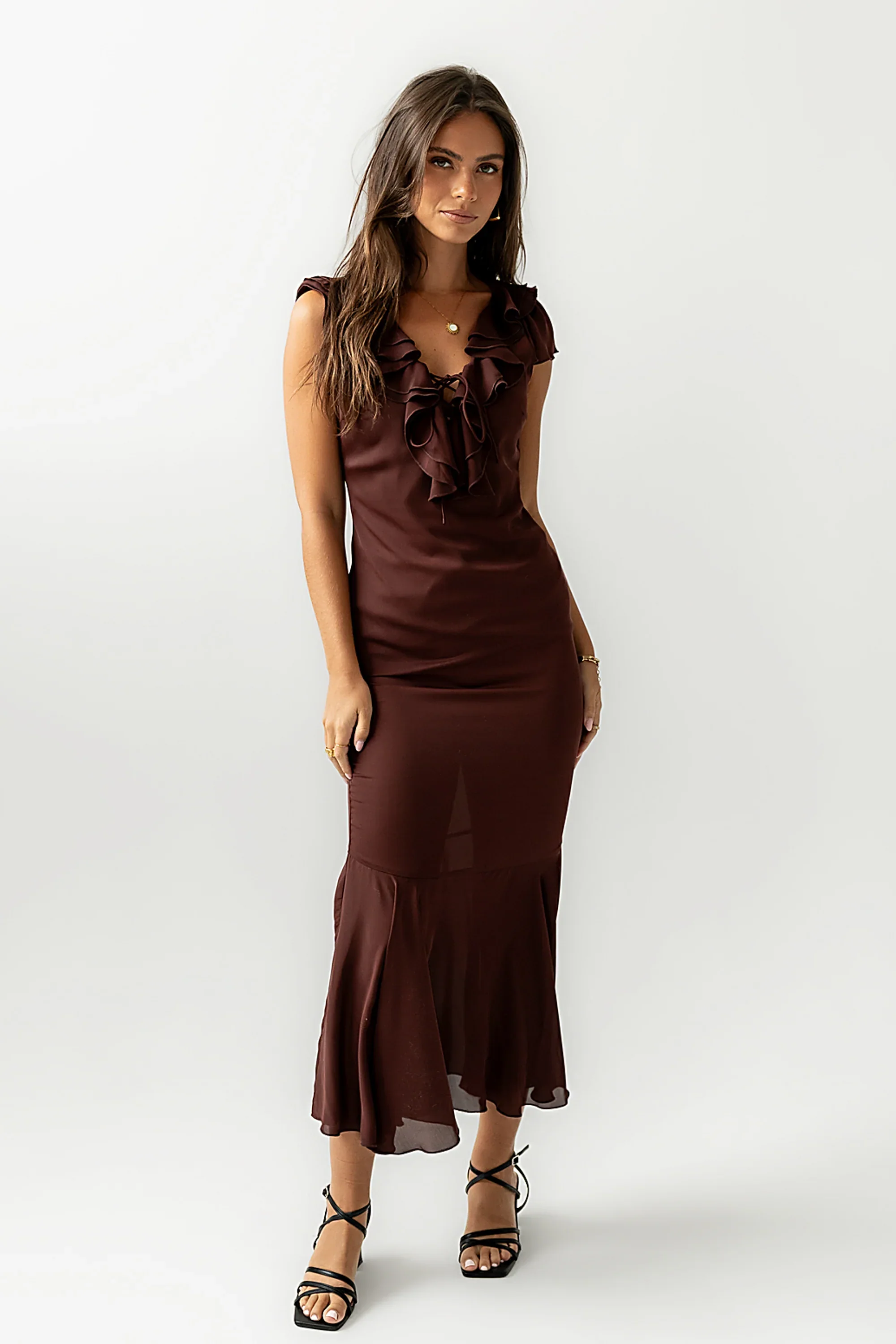 Reese Ruffle Maxi Dress in Red-Brown