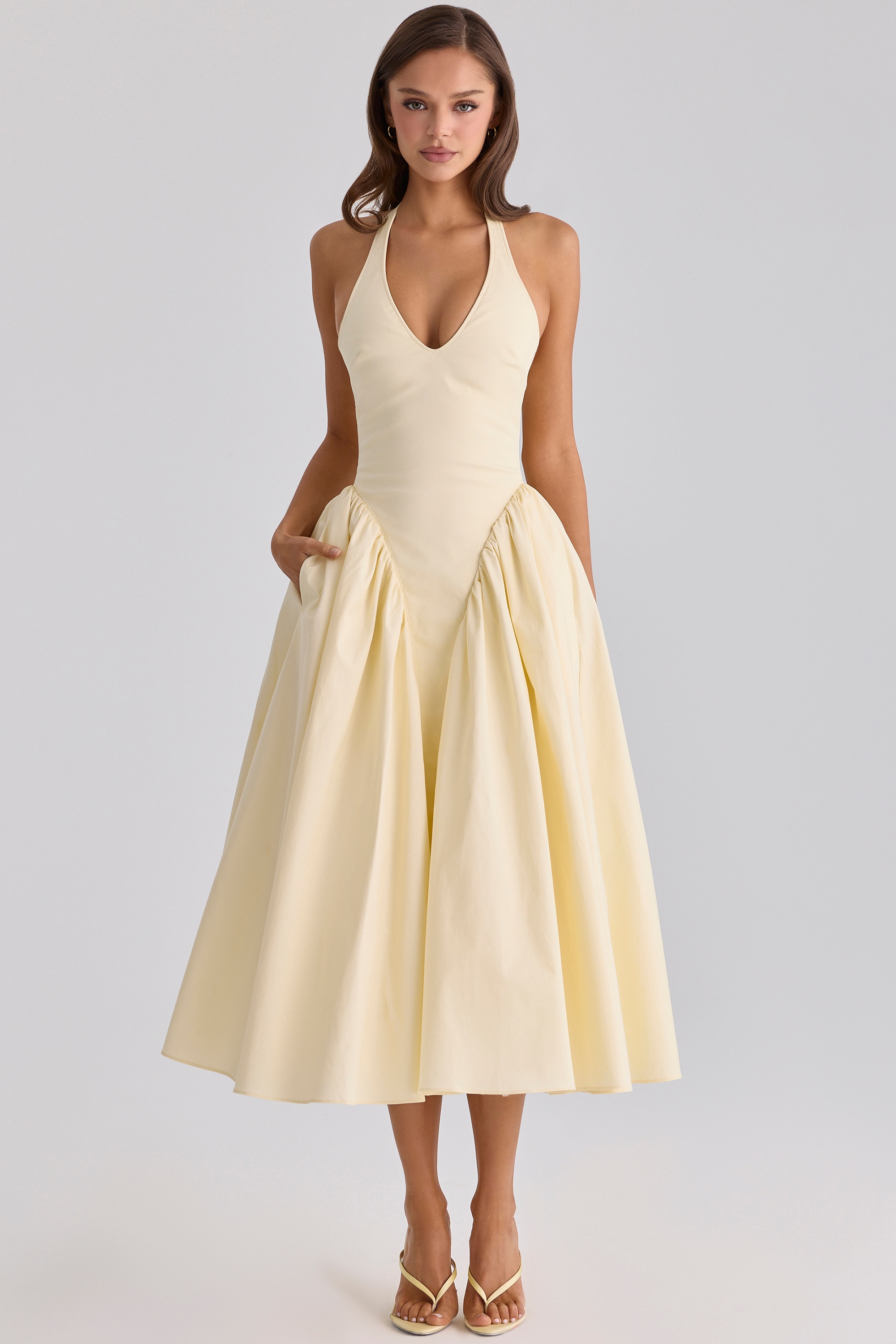 lemon cotton halter neck midi sundress