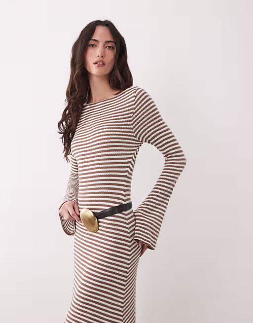 crochet look fabric long angel sleeve maxi dress in in monochromatic stripes