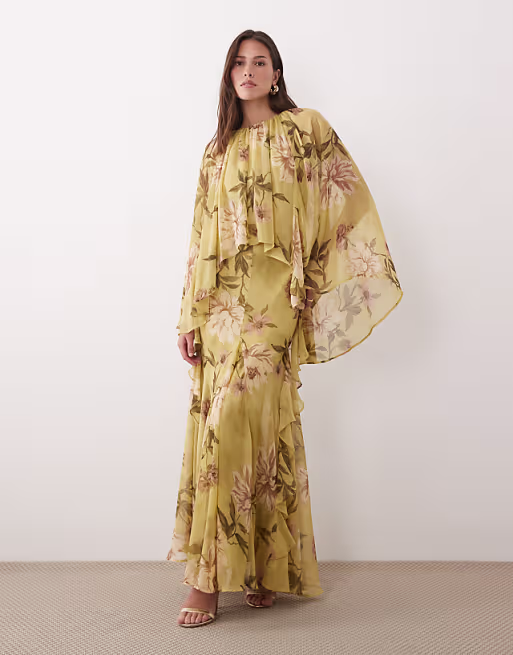 full volume cape sleeve maxi dress with godets in green floral print