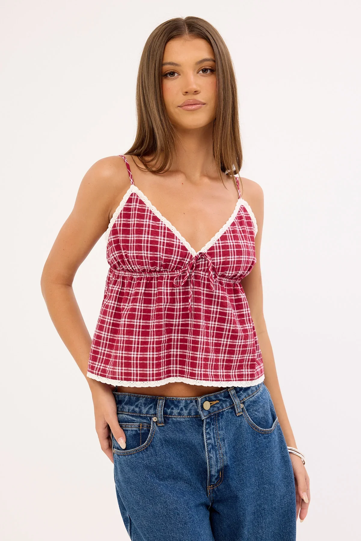 Luck & Trouble Charly Check Cami Top Burgundy Check