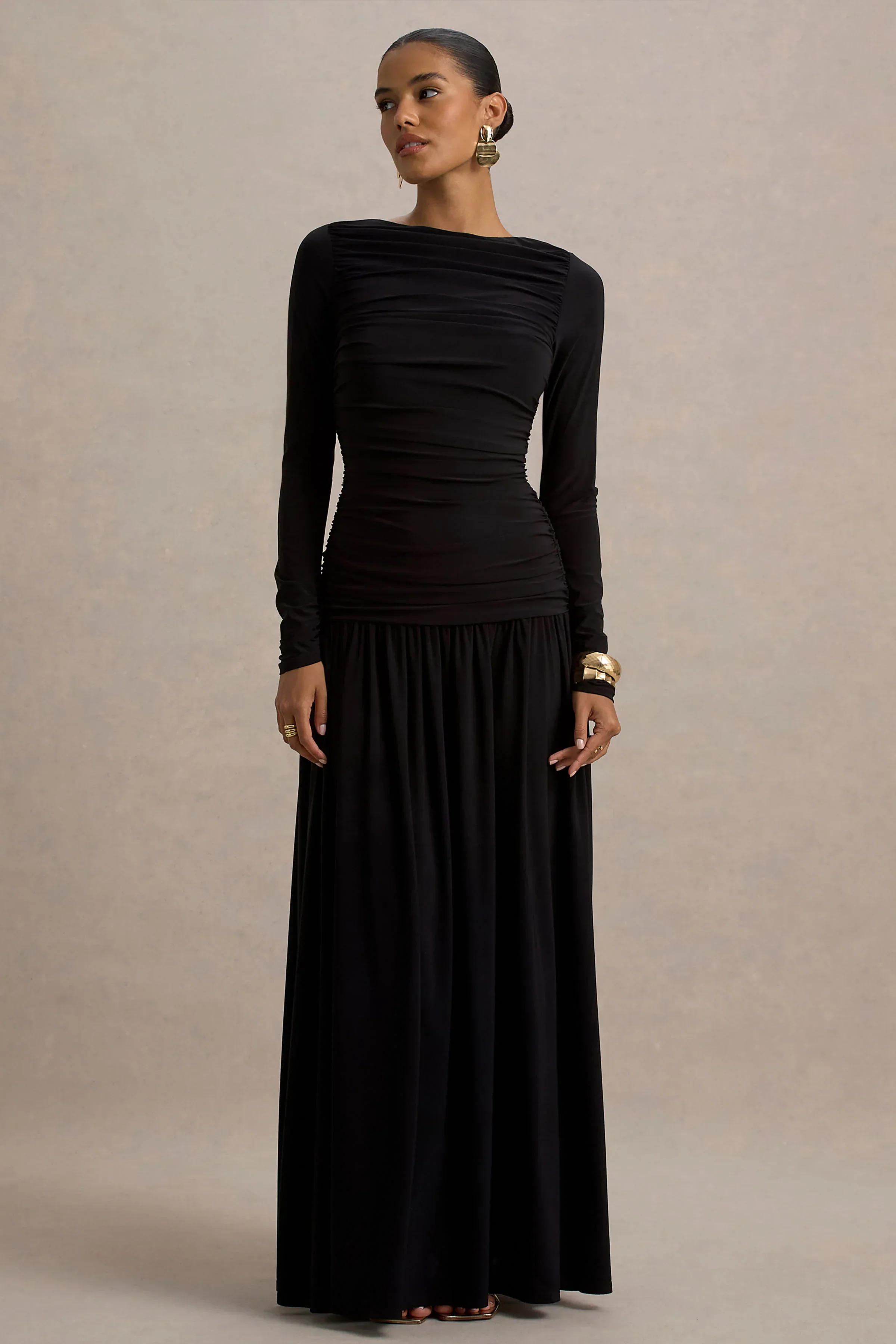 Aniyah | Black High-Neck Maxi Dress With Ruched Detailing