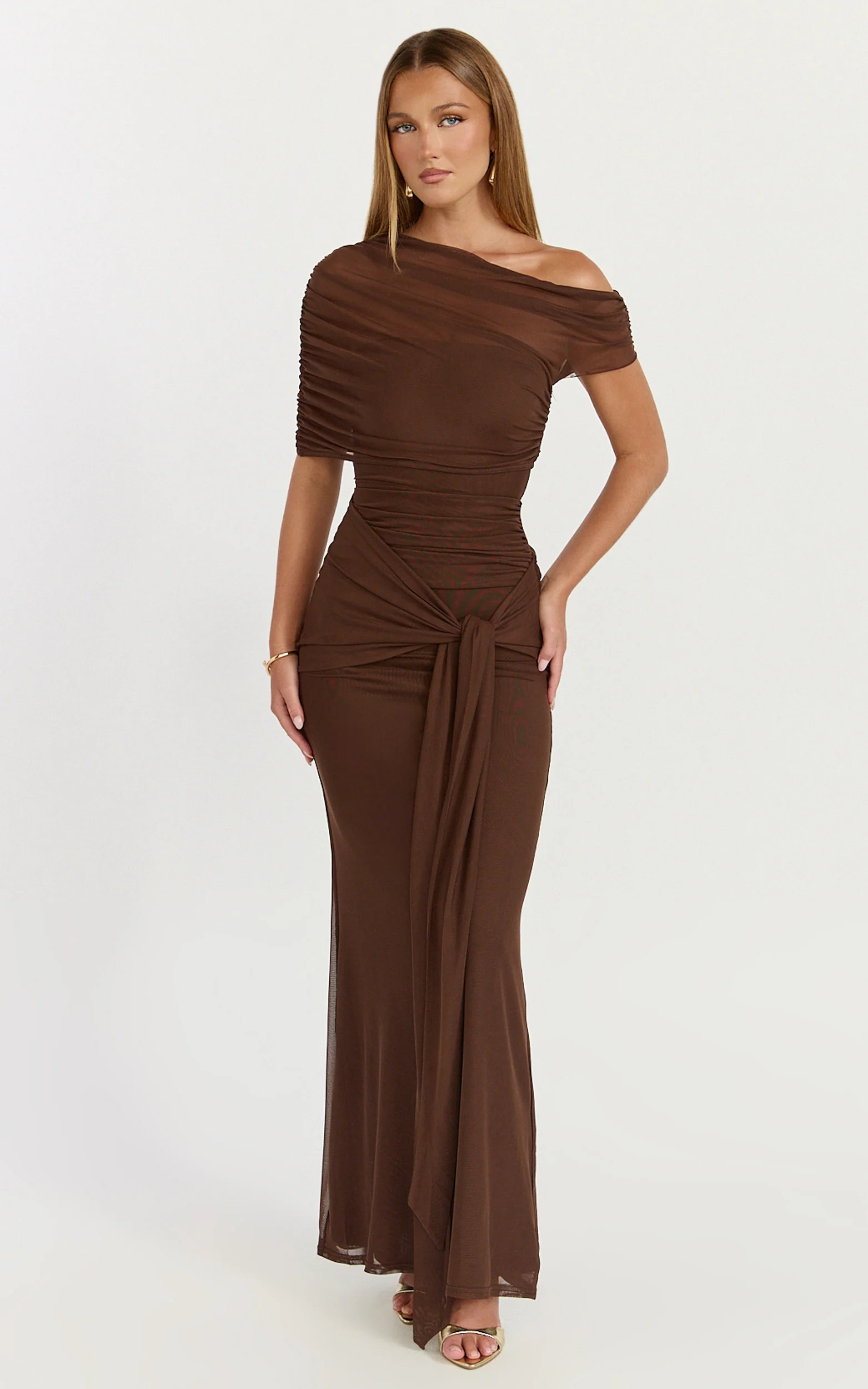 Nicolette Maxi Dress - Cape Sleeve Off Shoulder Dress in Chocolate