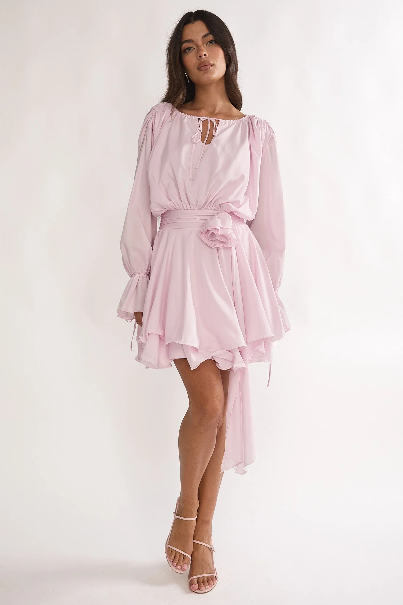 Maeva Long Balloon Sleeve Rosette Mini Dress Baby Pink