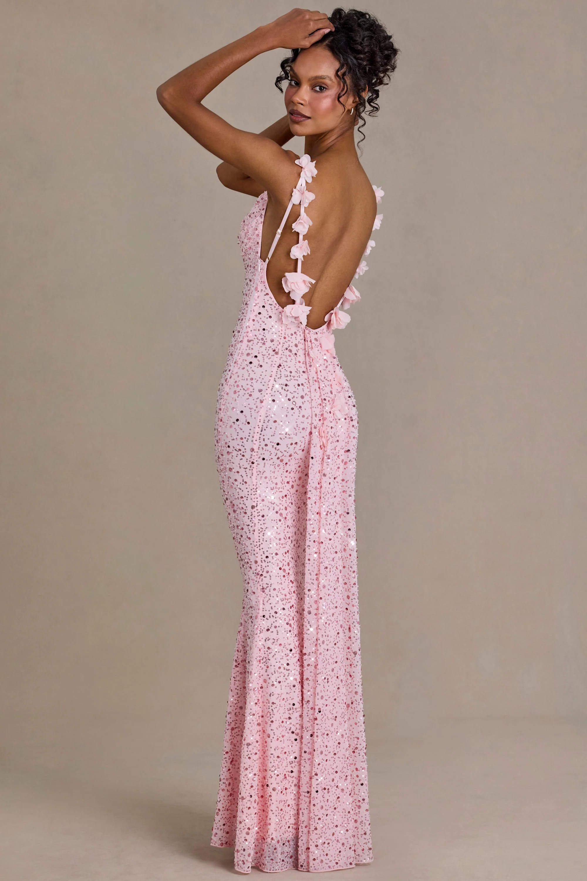 Premium Embellished Open-Back Maxi Dress in Baby Pink