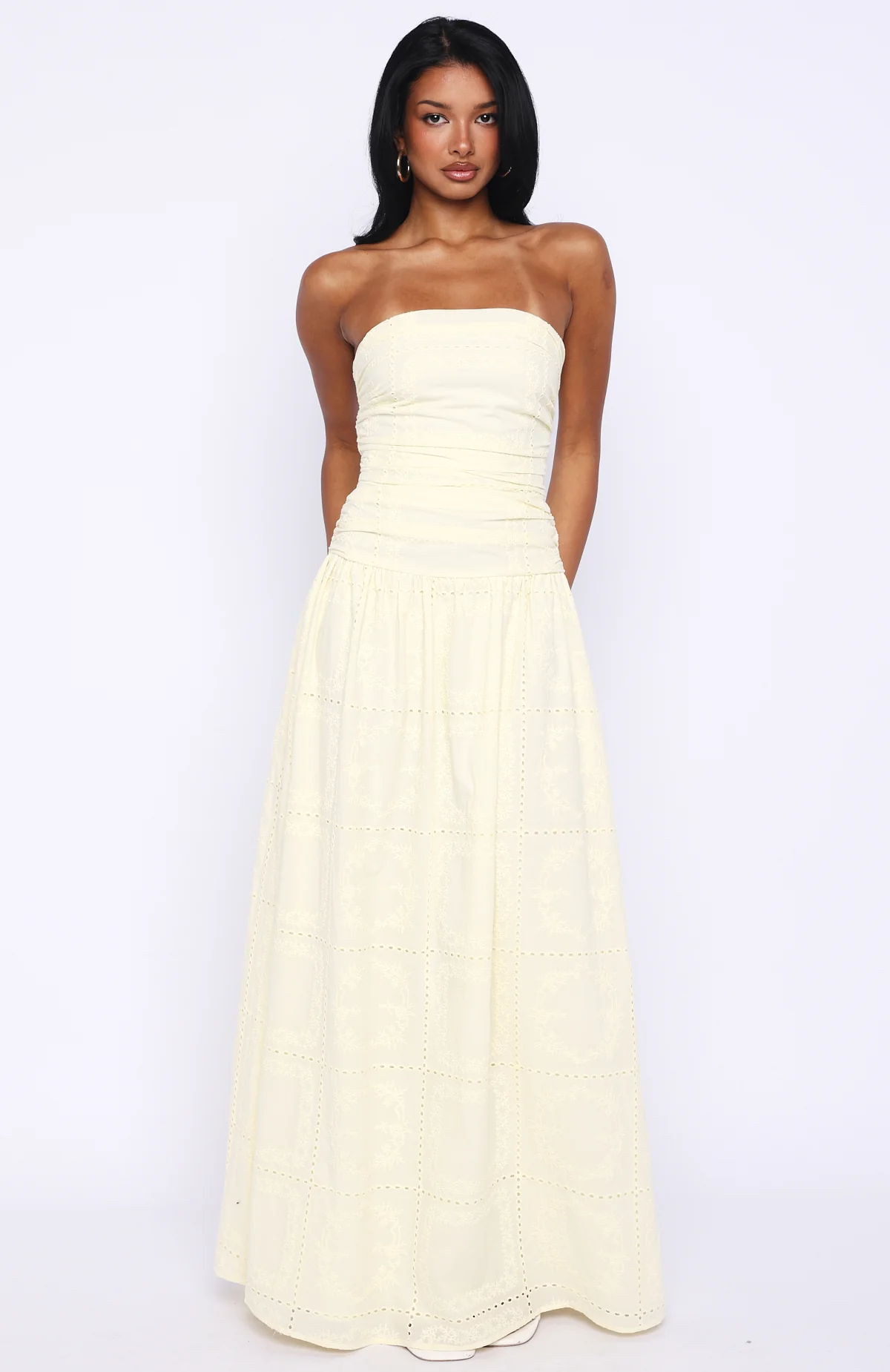 Bittersweet Babe Strapless Broderie Maxi Dress Butter - luluinthesky