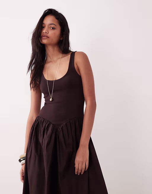 basque waist midi dress with woven skirt in chocolate
