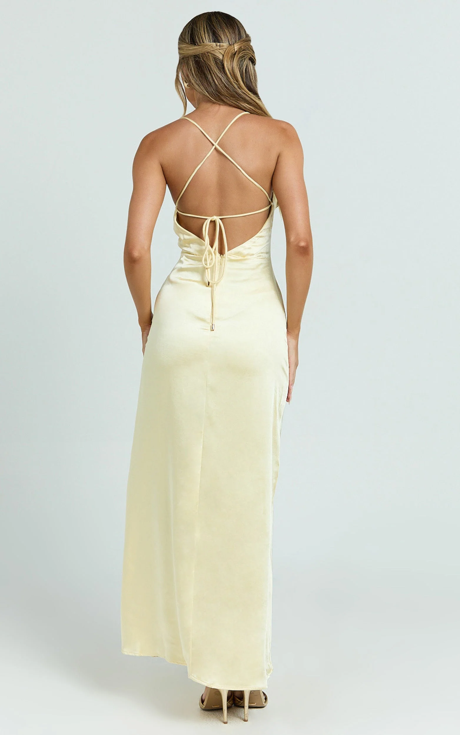 Heidi Maxi Dress - Satin Ruched Bust Tie Back Dress in Lemon