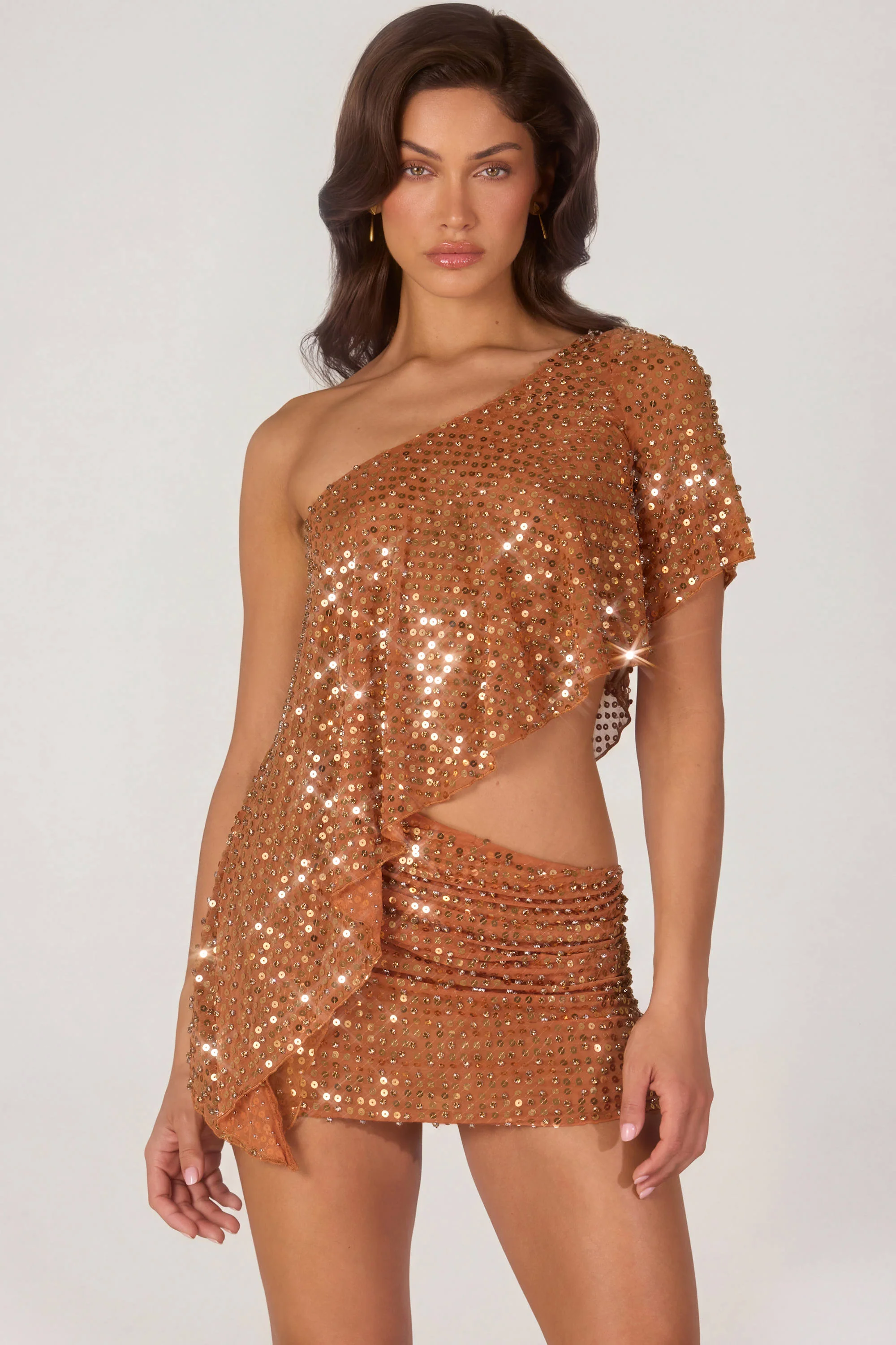 Embellished One-Shoulder Asymmetric Top in Bronze