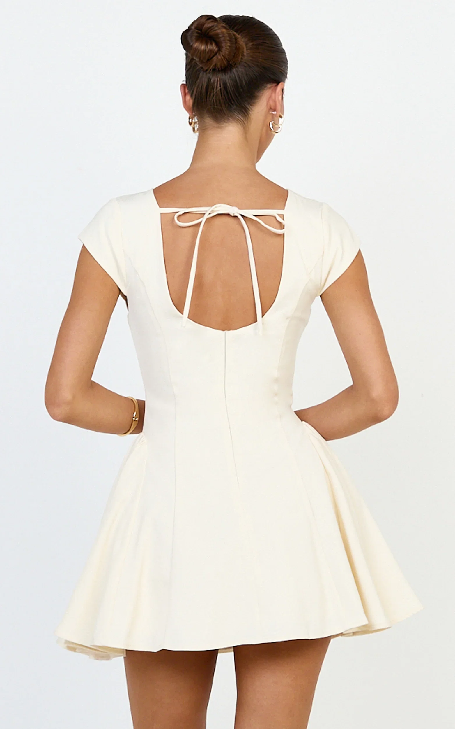 Lorayne Mini Dress - Cap Sleeve Gathered Hip Tie Back Mini Dress in Cream