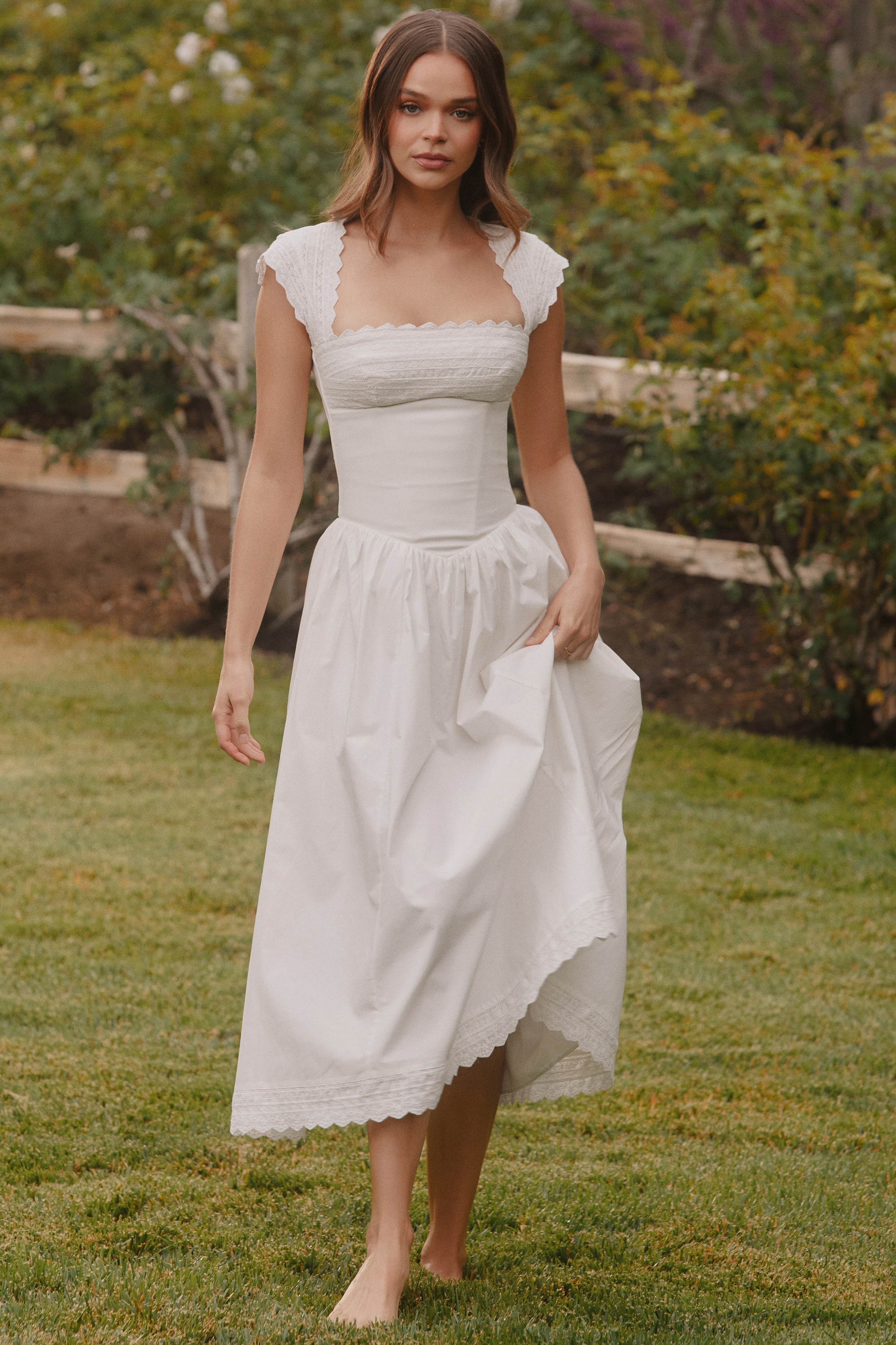 White Cotton Broderie Anglaise Trim Midi Sundress