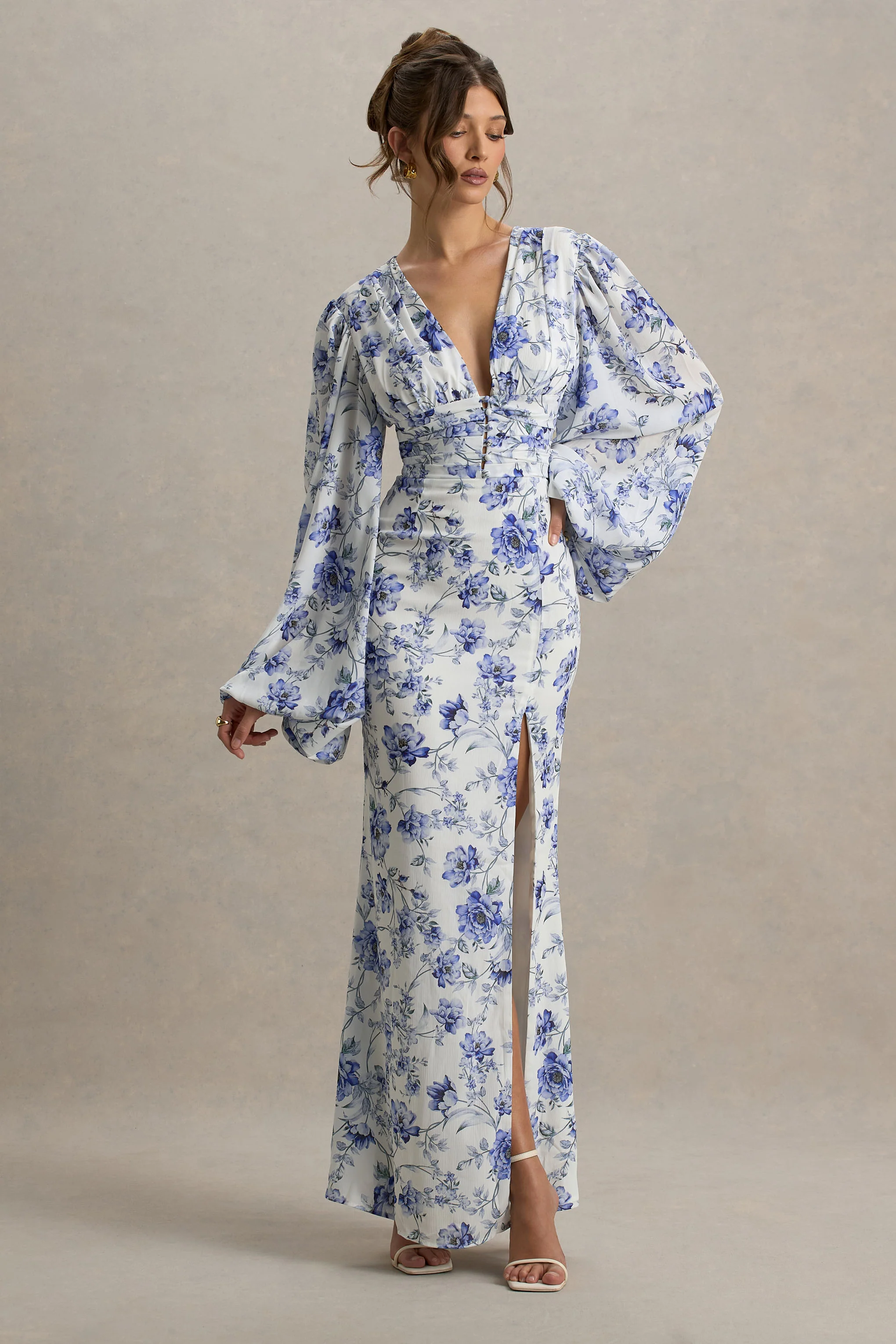 Casarile | Blue Floral Print V-Neck Balloon Sleeve Maxi Dress