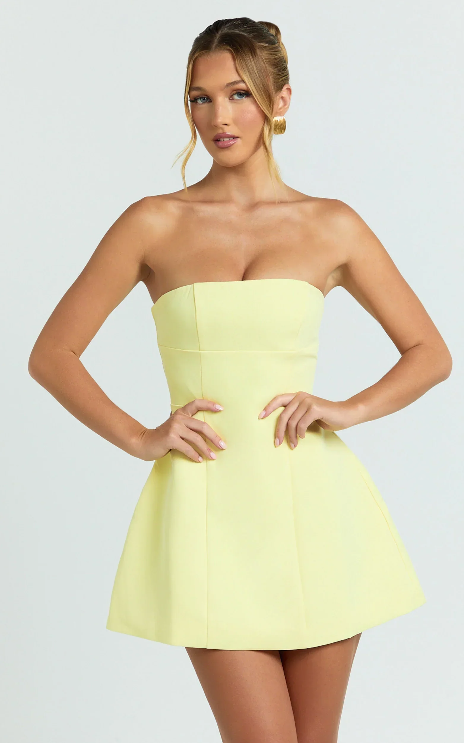 Catharine Mini Dress - Strapless A Line Dress in Lemon