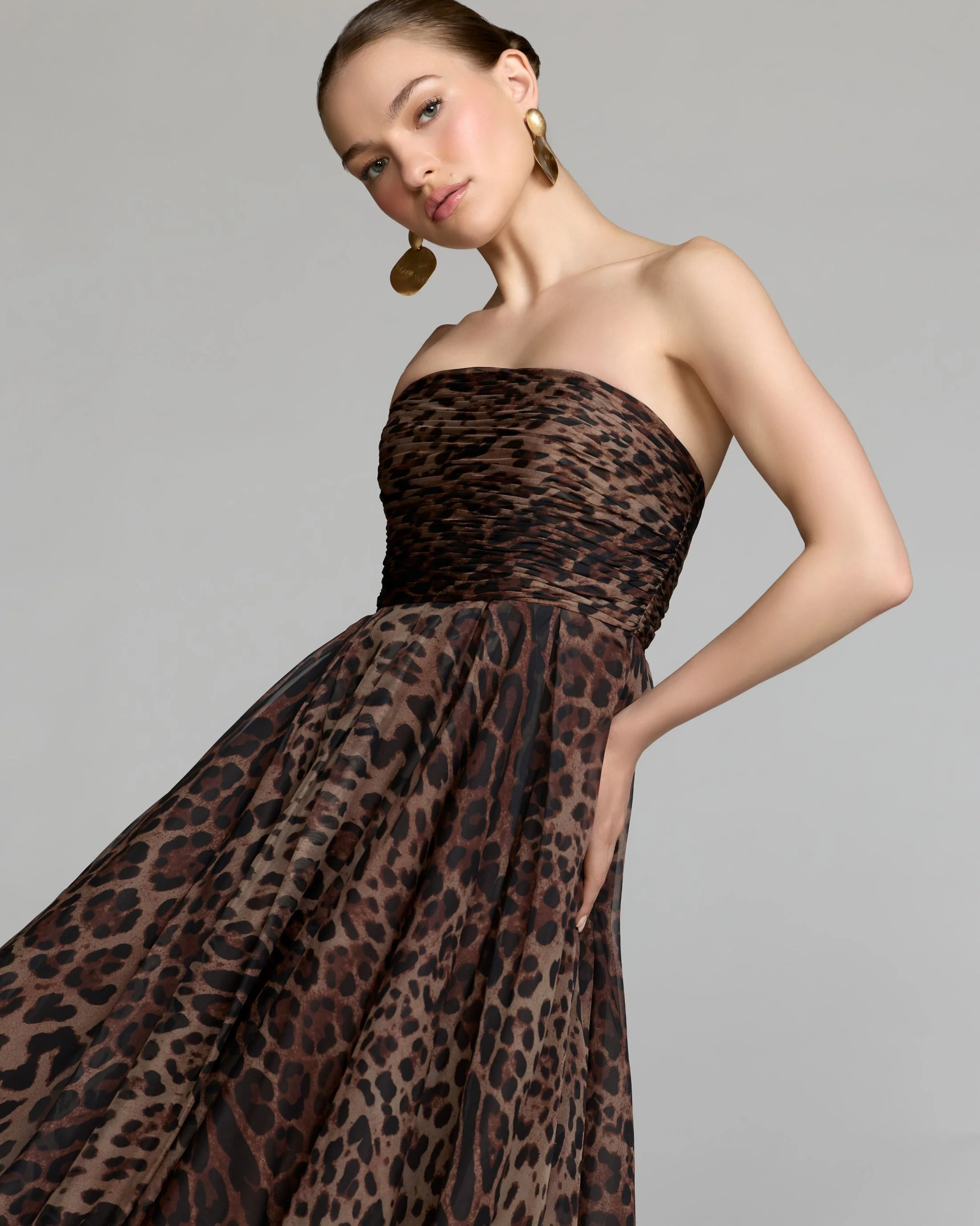 Leopard Strapless A-Line Chiffon Midi Dress - FASHION NOB