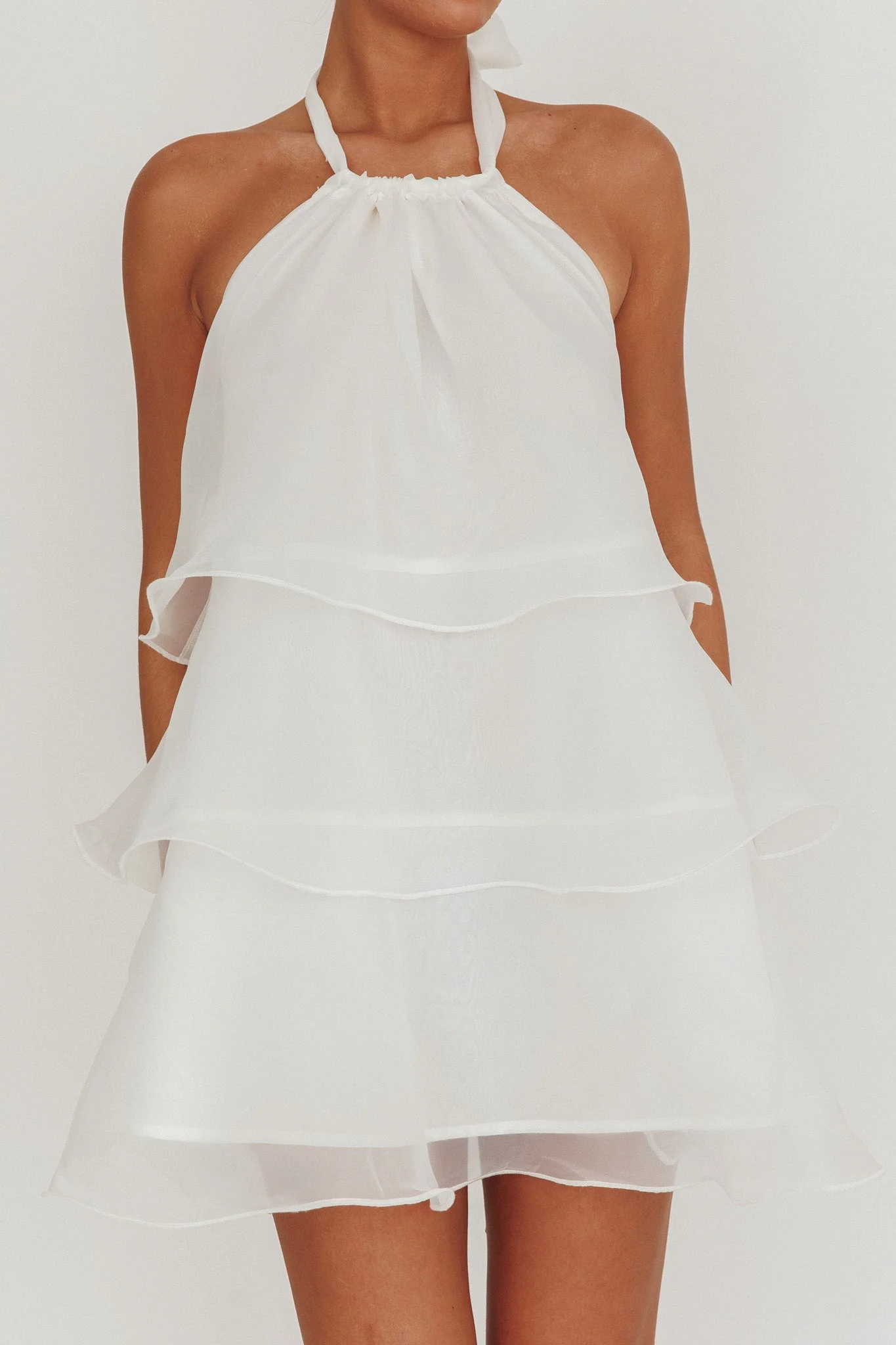 Tulips Tiered Halterneck Mini Dress White - luluinthesky