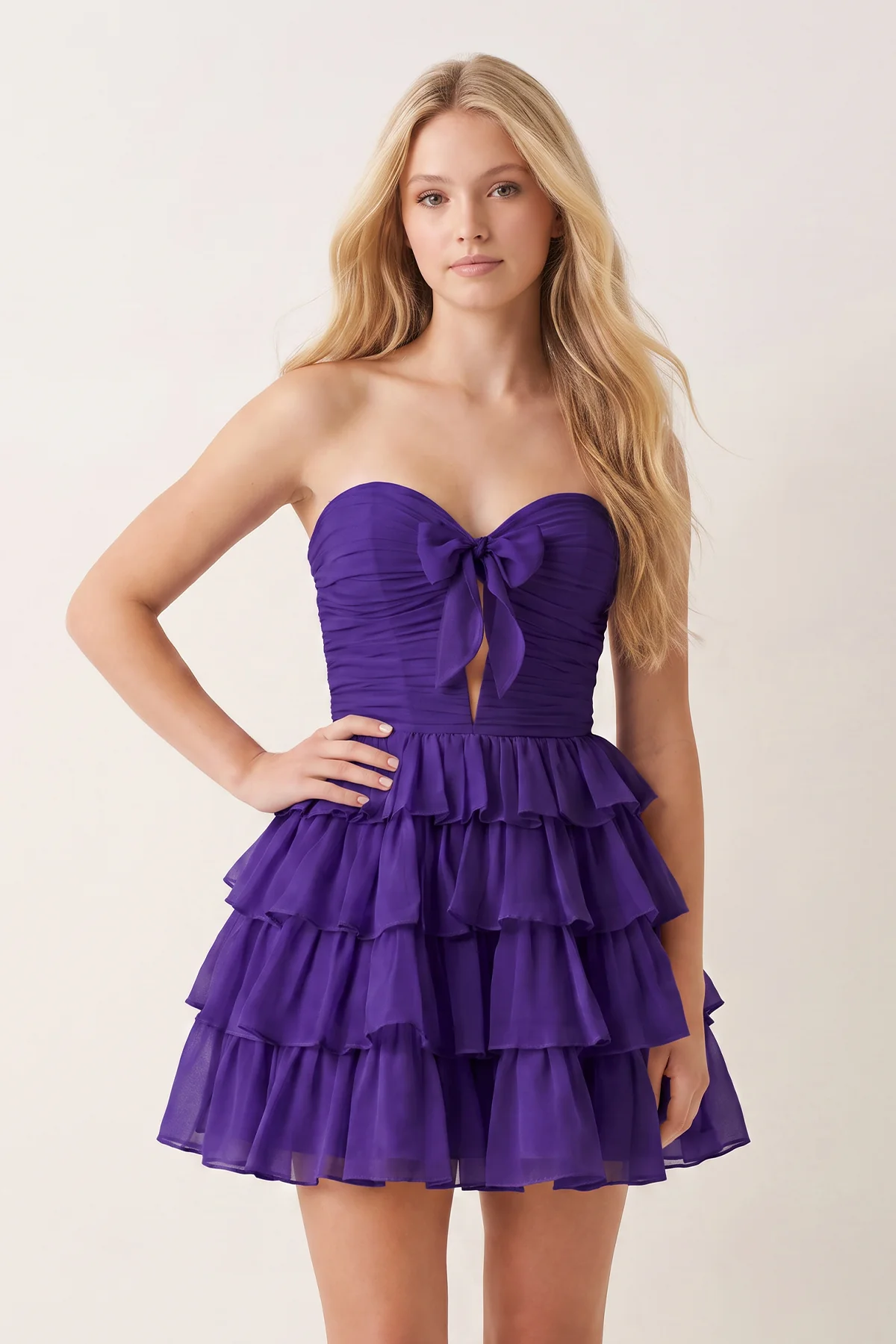 Yellow Strapless A Line Chiffon Ruffled Cocktail Dresses With Bow