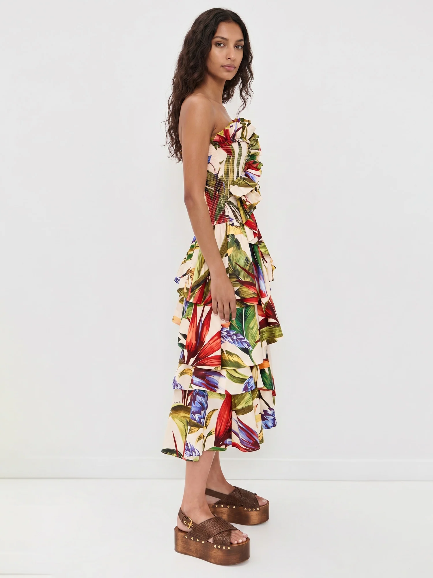 Vibrant Floral Strapless Midi Dress