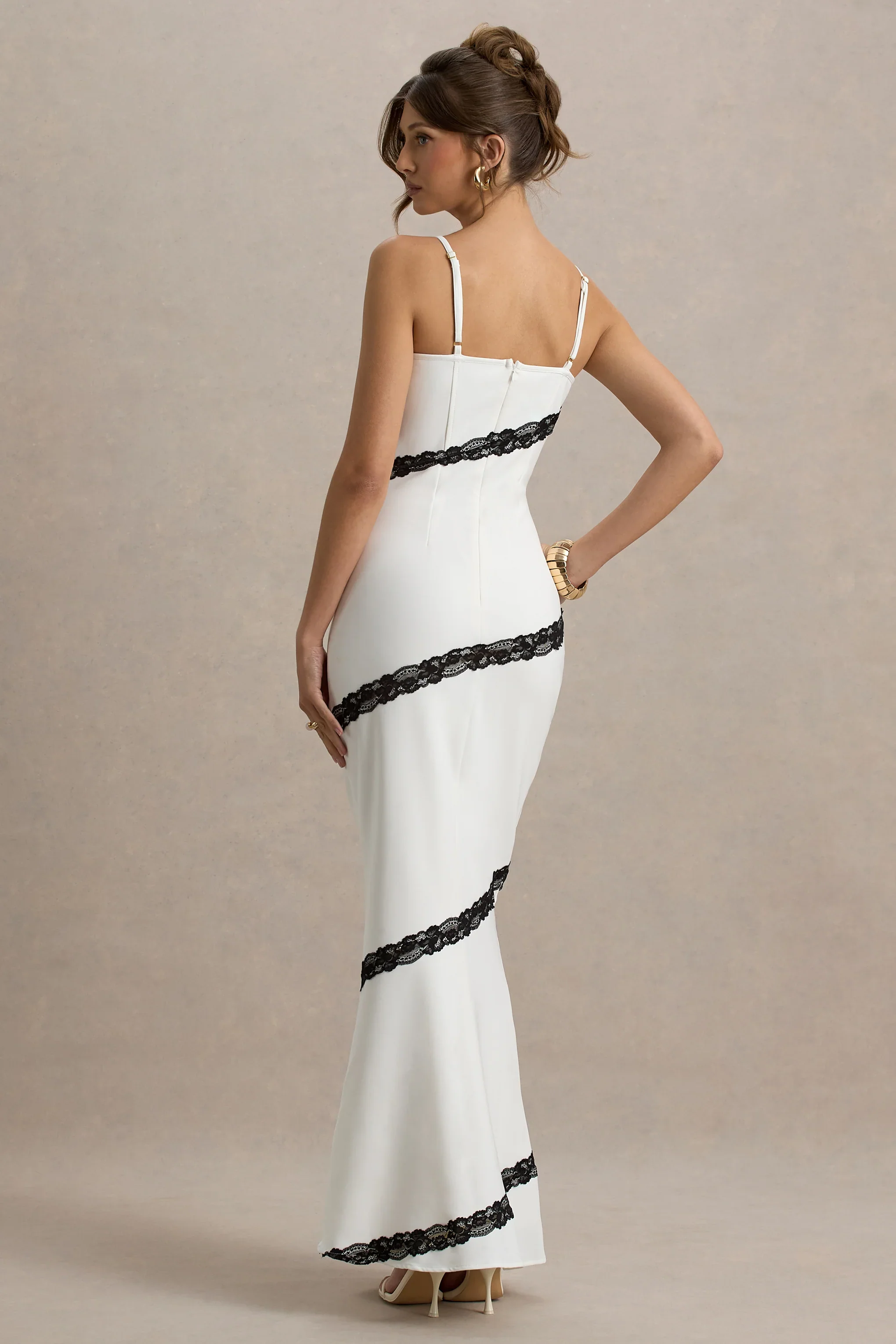 Elizabeth | White & Black Strappy Lace-Trimmed Maxi Dress