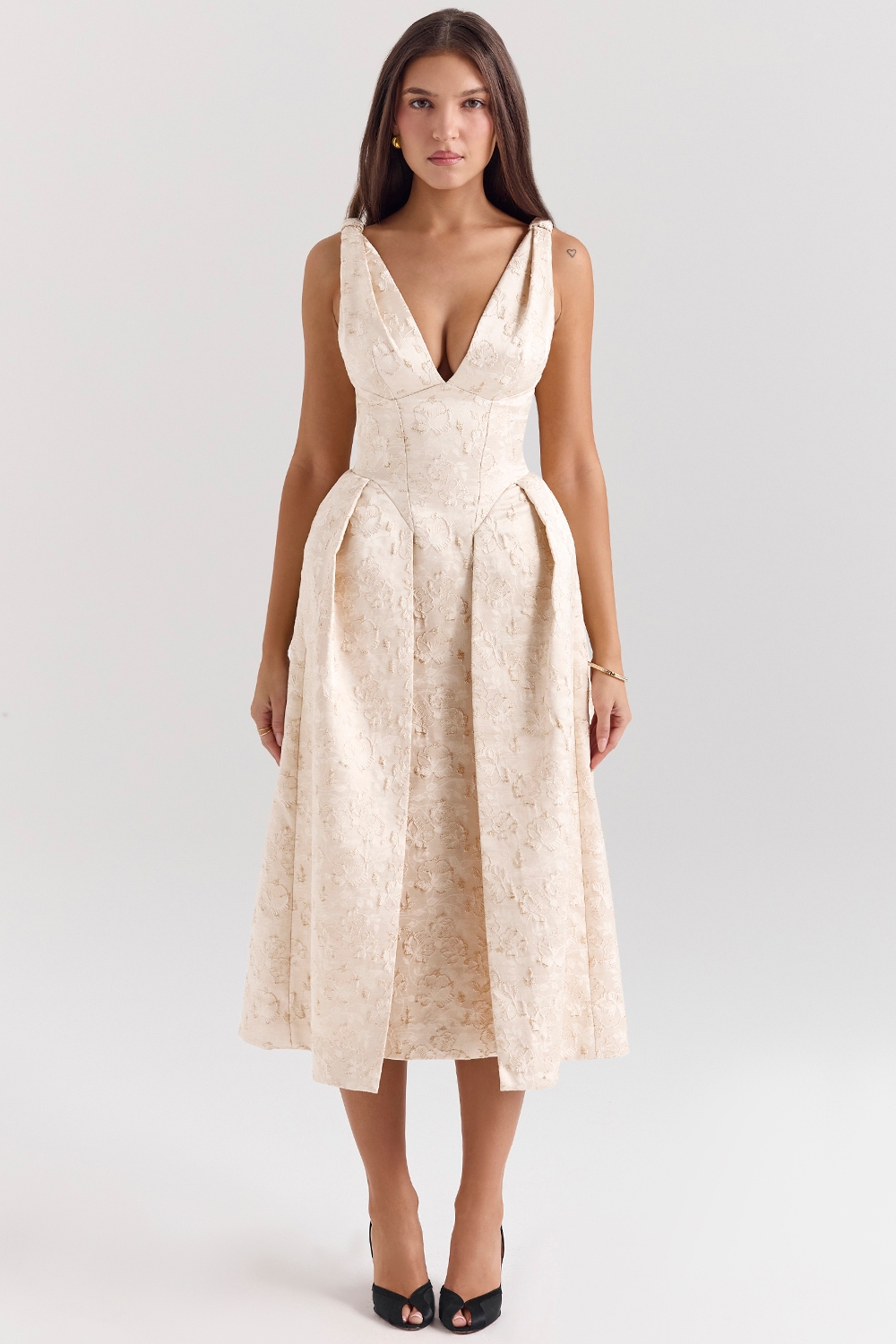 ivory metallic jacquard midi dress - sale