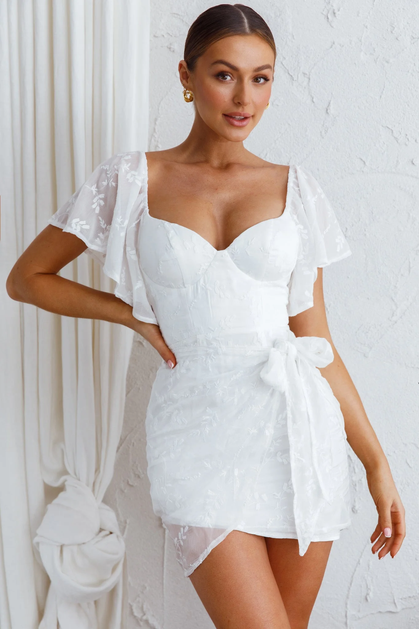 Aphrodite Molded Bust Angel Sleeve Wrap Dress Embroidered White - luluinthesky