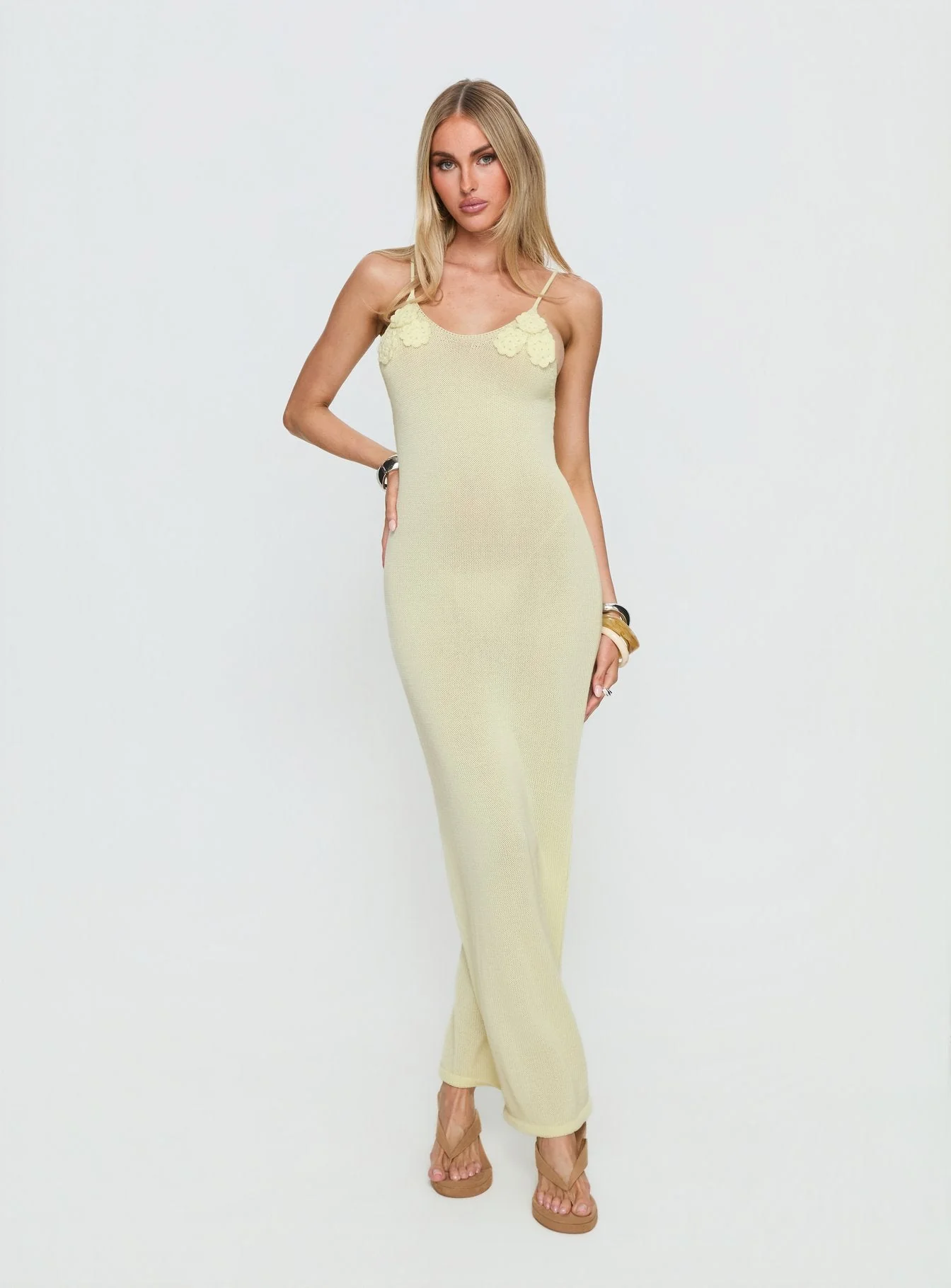 Cinderella Knit Floral Detail Maxi Dress Lemon Yellow