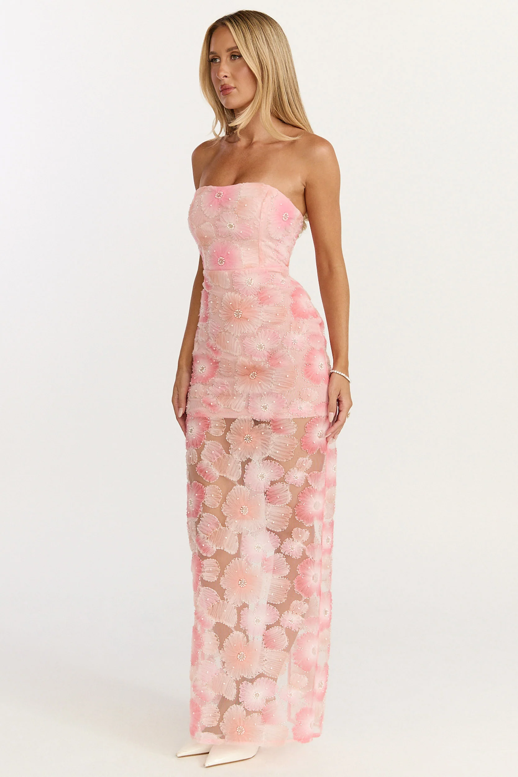 Lima Maxi Dress - Strapless Floral Embellished Column Dress in Pink