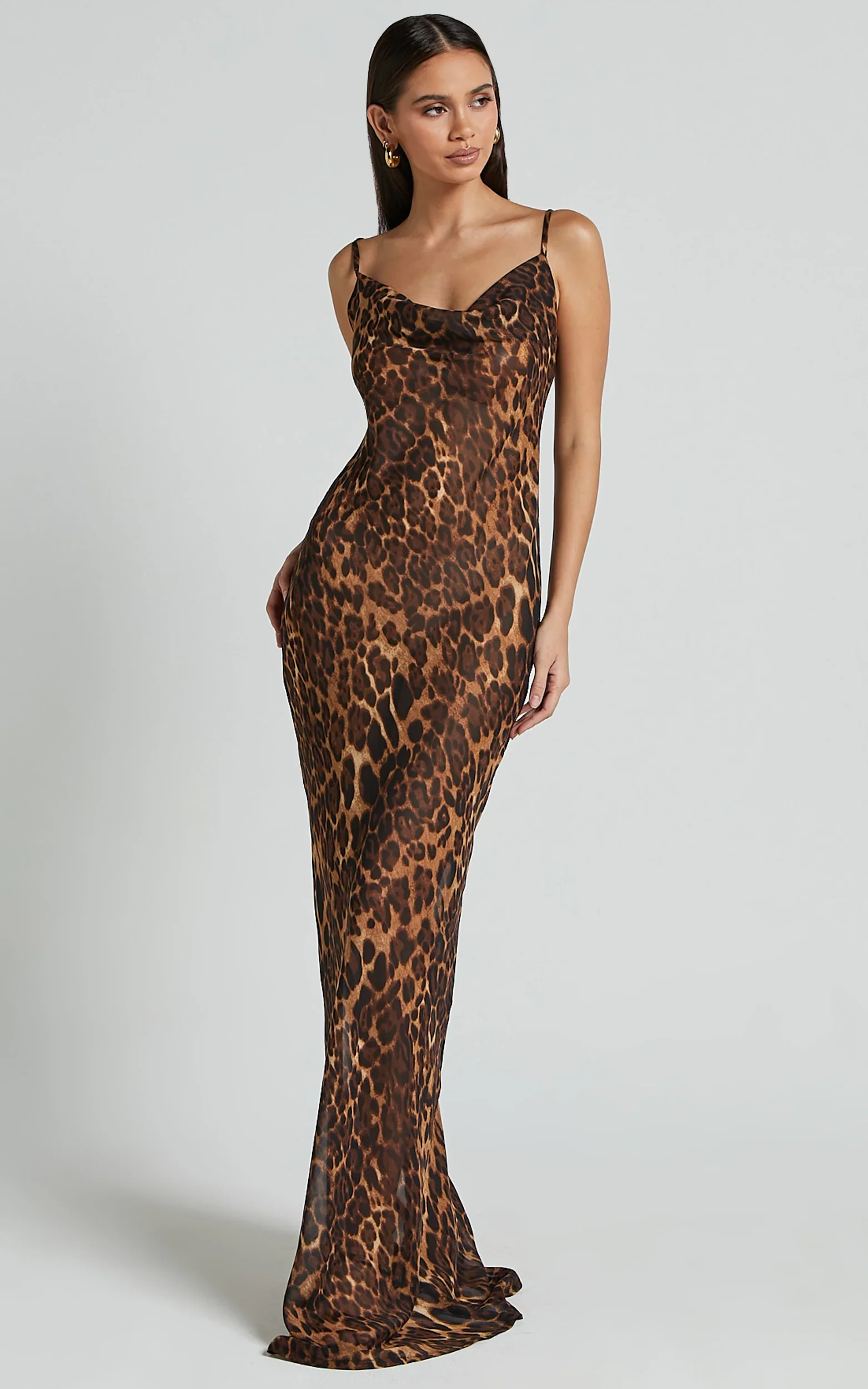 Hilary Maxi Dress - Sheer Cowl Neck Slip Dress in Leopard