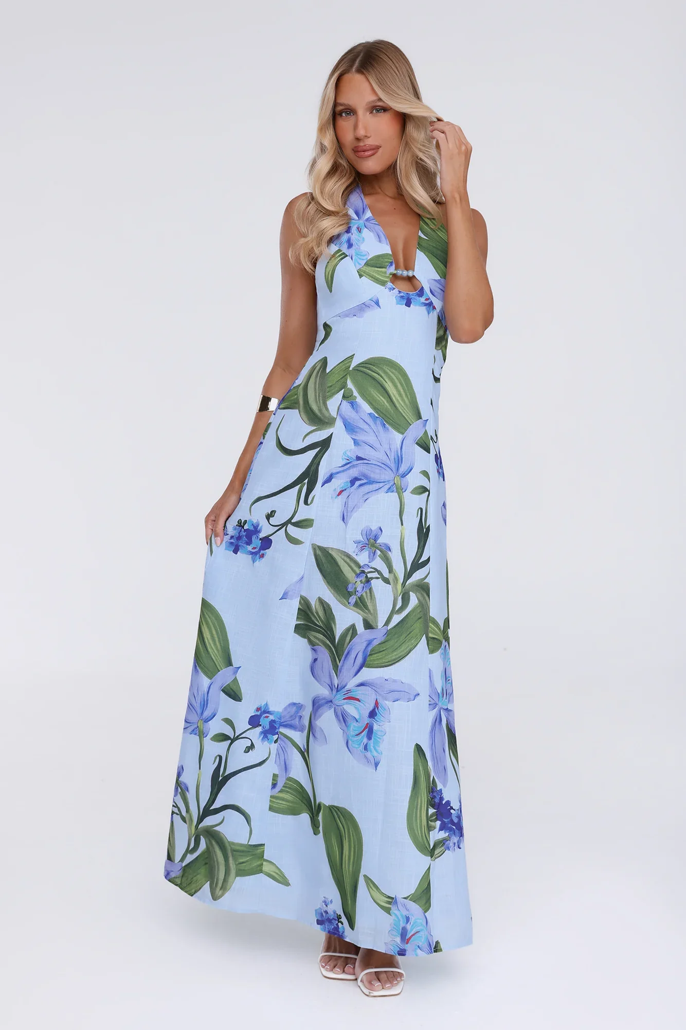 Fleur Flicker Halter Maxi Dress Blue
