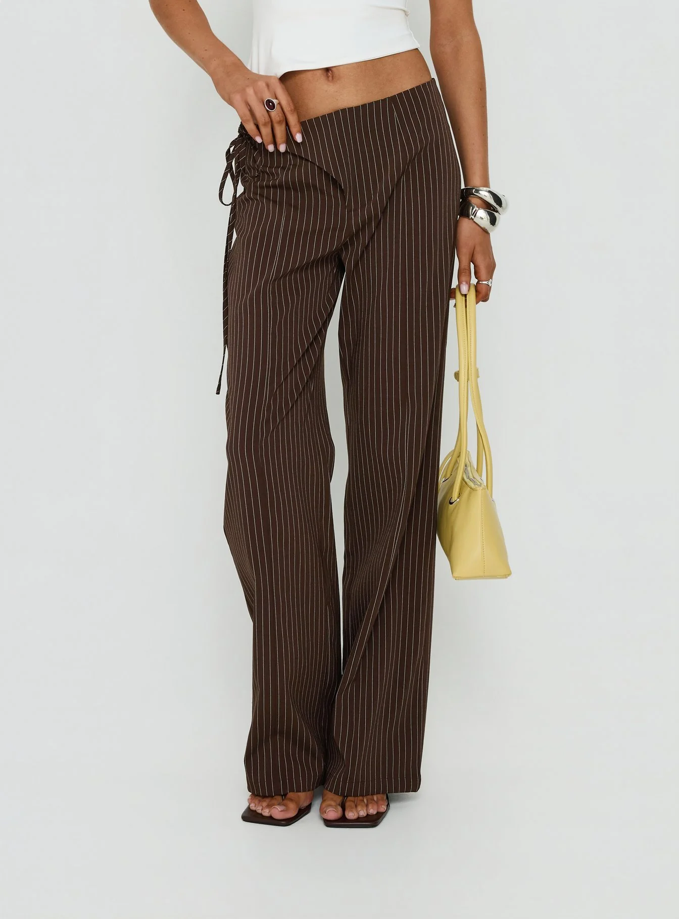 Editta Tie Detail Low Rise Tailored Pants Brown Pinstripe