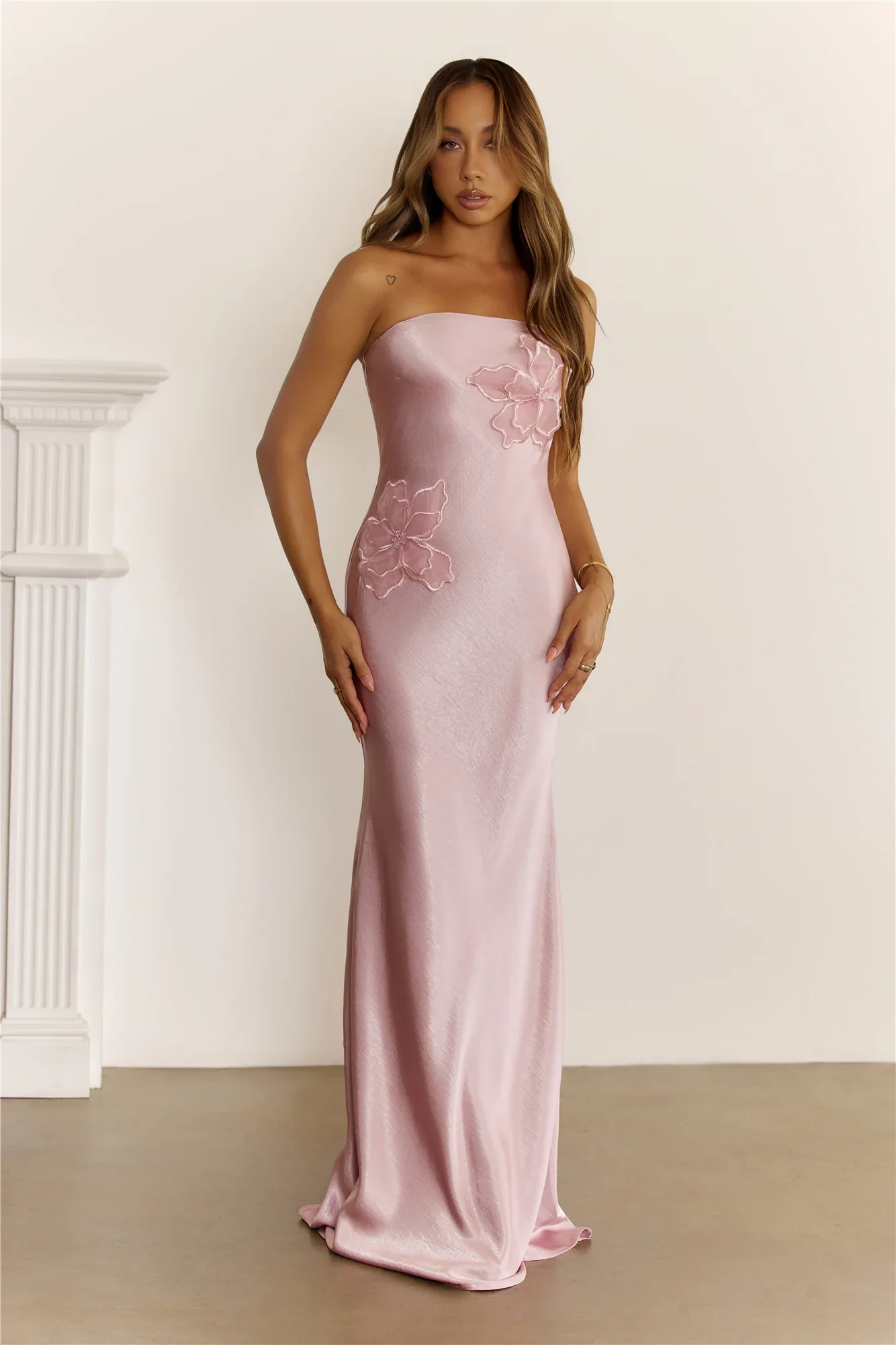 Stardom Moment Satin Strapless Maxi Dress Pink