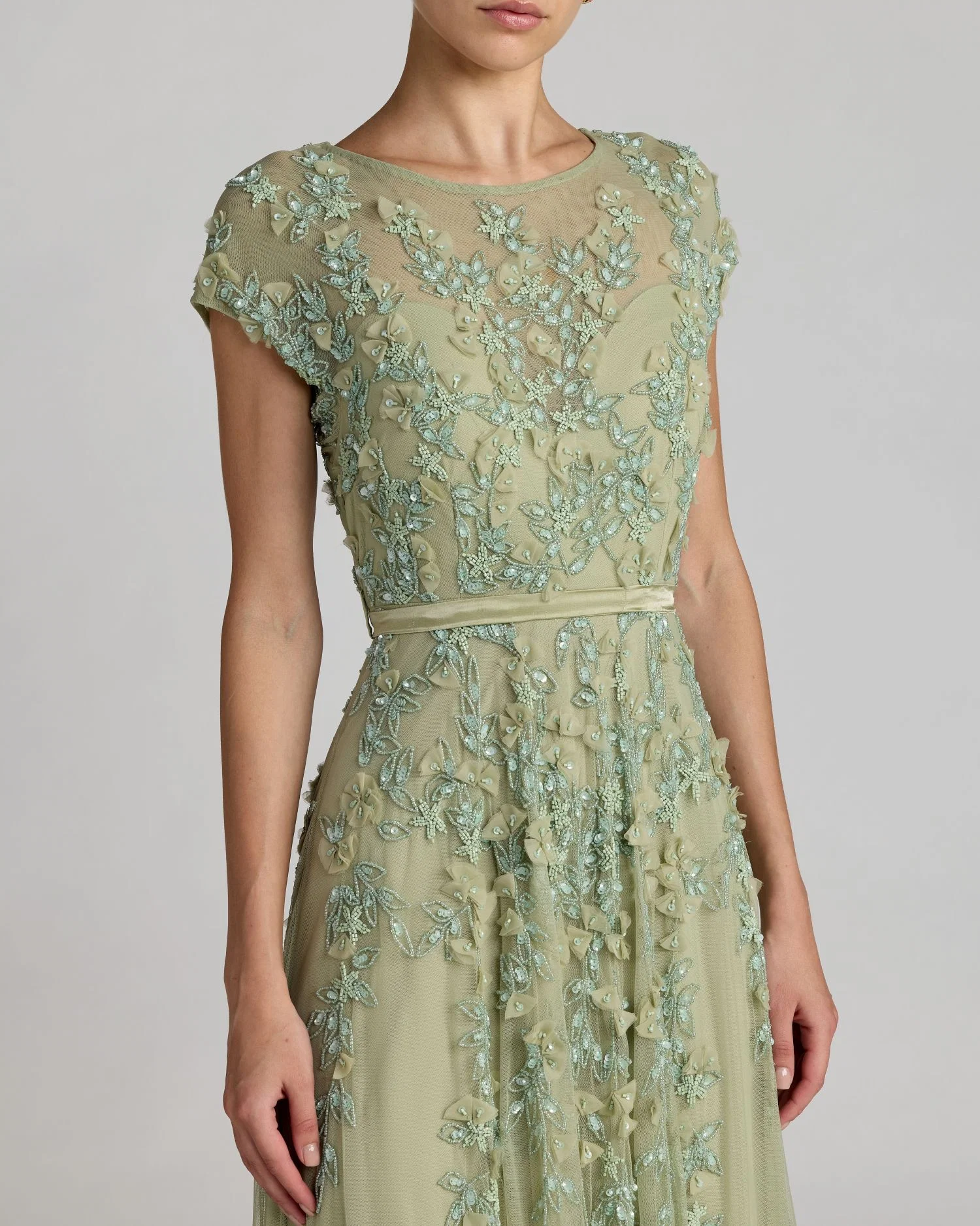 Green Floral Embellished Cap Sleeve Gown